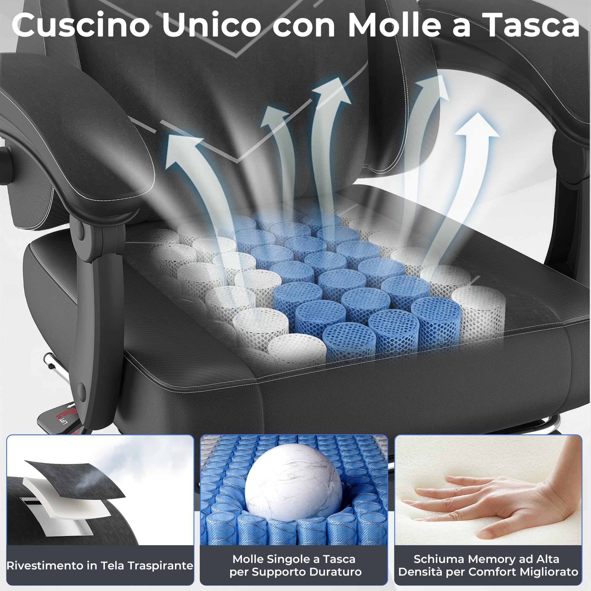 TRIUMPHKEY Sedia Gaming Ergonomica, Sedia da Ufficio con Poggiapiedi, Regolabile, Supporto Lombare, Cuscino a Molle, Braccioli Sincronizzati, Capacità di Carico 200kg, Nero Ossidiana