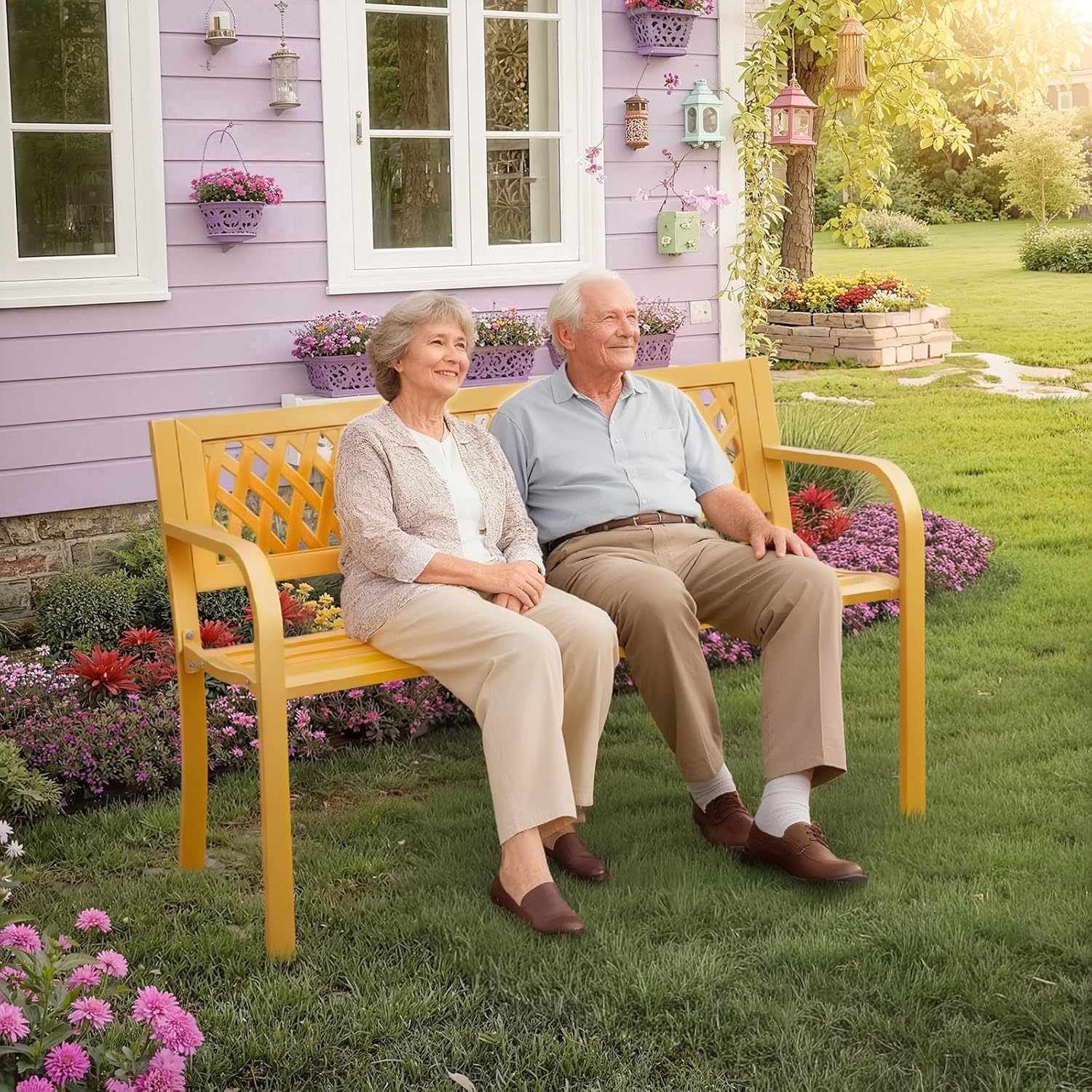 47" Outdoor Garden Bench, Patio Metal Frame Park Bench with Mesh Pattern Backrest for Porch, Lawn, Deck