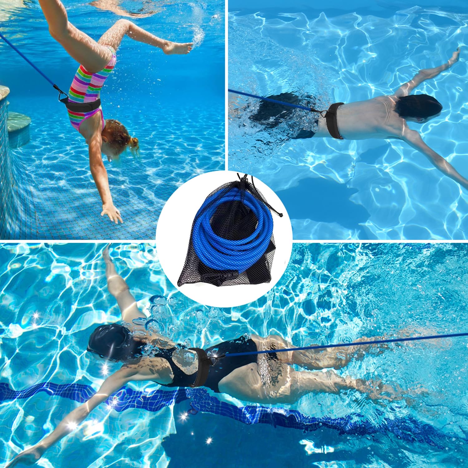Elastique de Nage 4m avec Lunettes, Ceinture de Natation Réglable