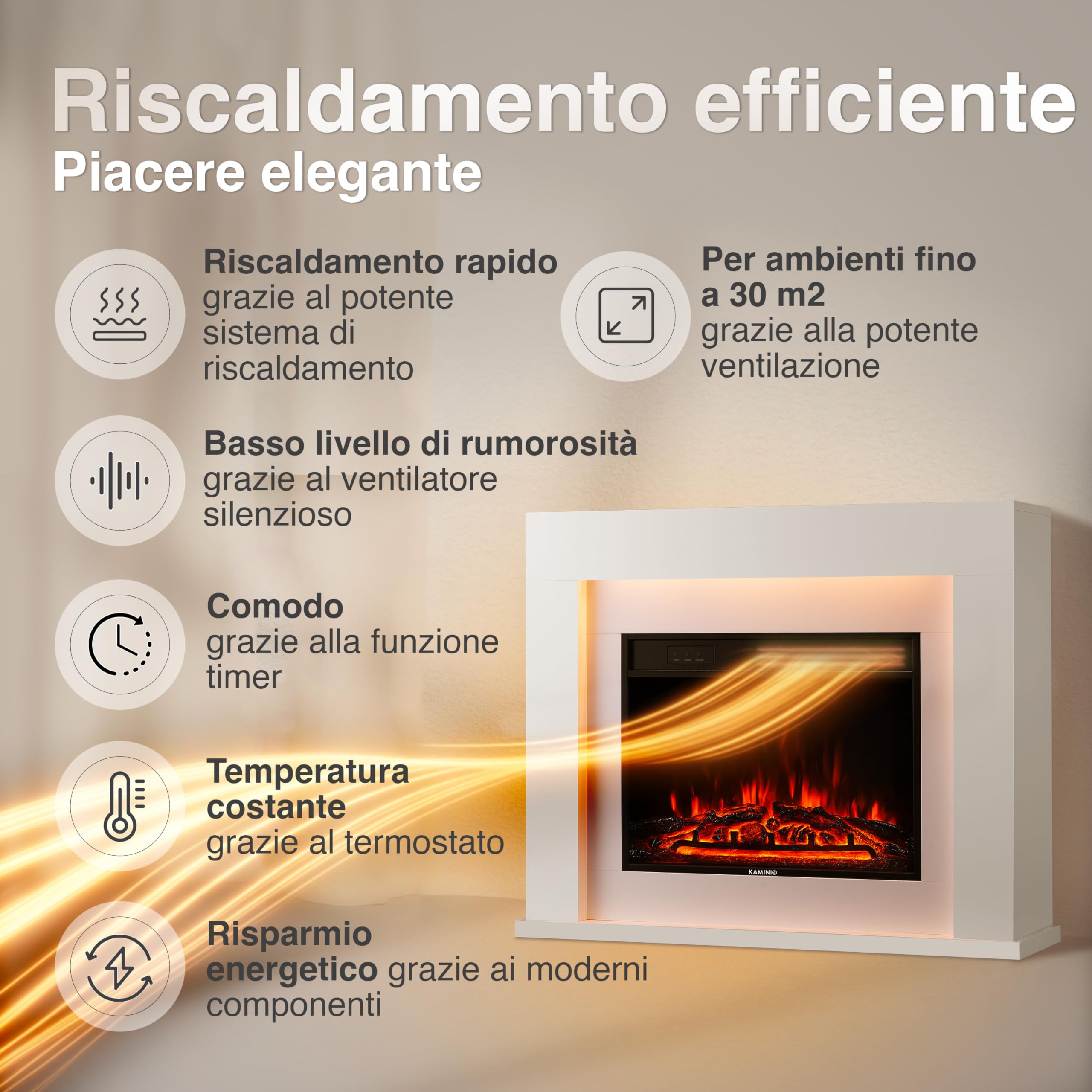 KAMINIO Camino elettrico Matti - Caminetto da pavimento con riscaldamento, effetto fiamma 3D, luce ambiente a LED, telecomando - 38 pollici (Bianco)