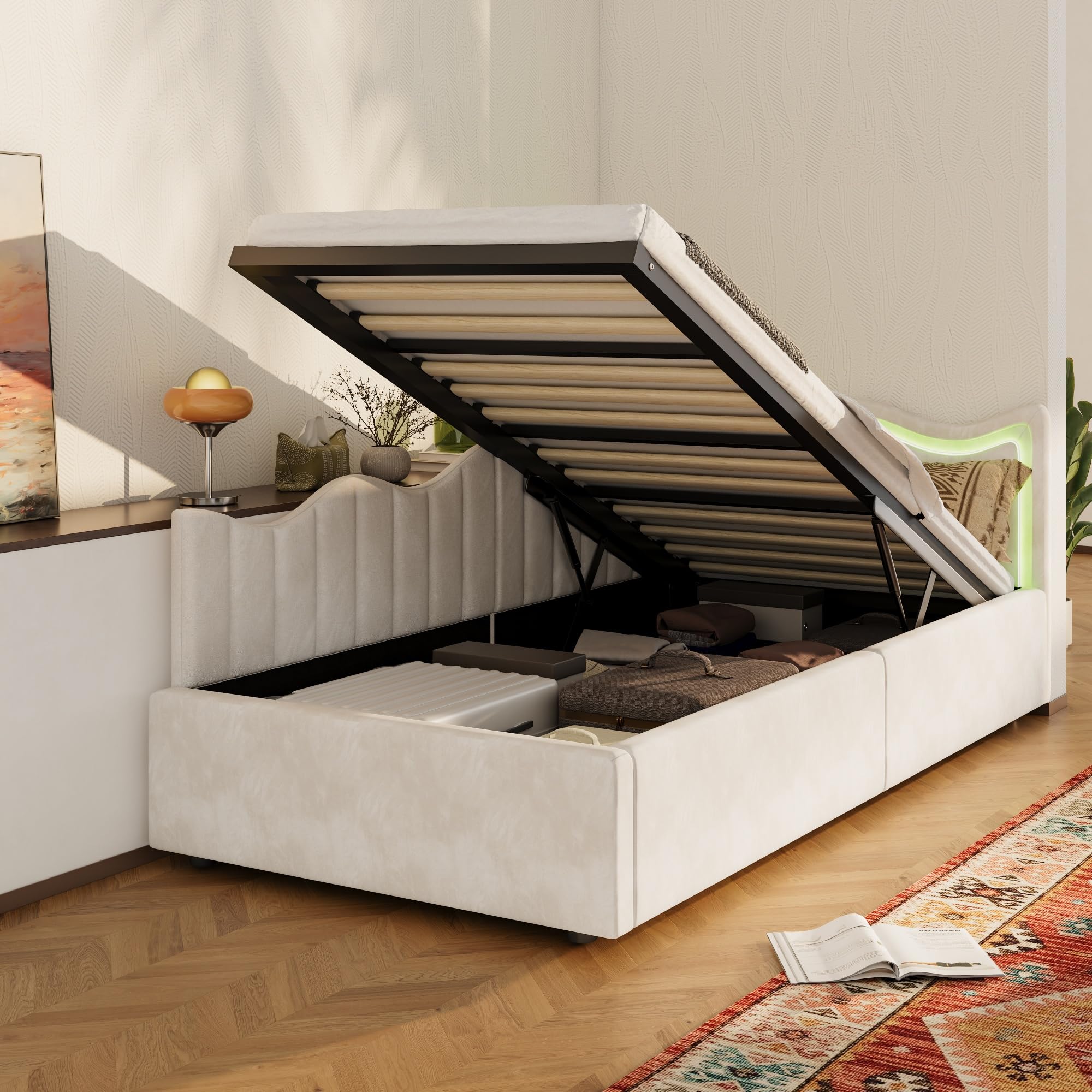 Hydraulisches Schlafsofa 90x200 cm, Kinderbett mit Stauraum und LED-Beleuchtung, Schlafsofa mit gewelltem Kopfteil, Einzelbett, Jugendbett, Cremeweißer Samt