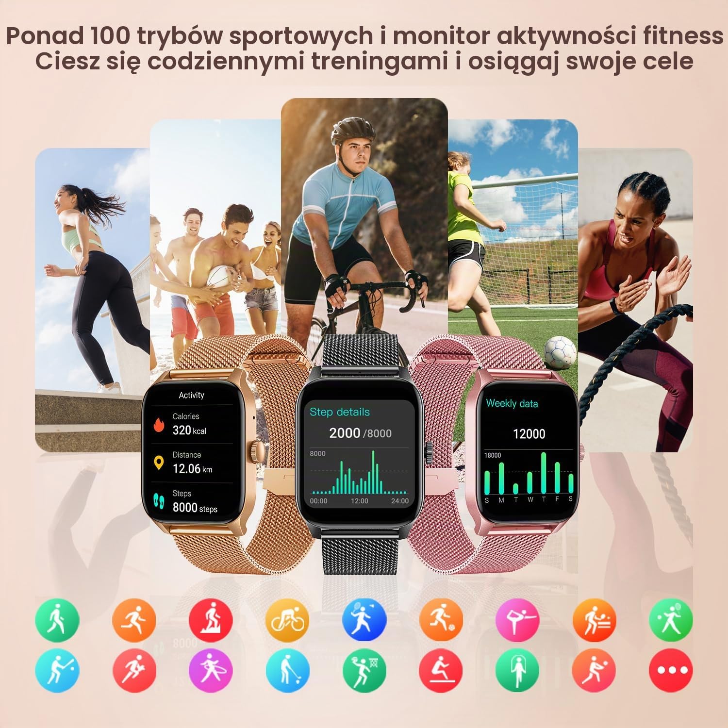 Inteligentny zegarek dla kobiet Fitness Tracker: 1,8-calowy ekran dotykowy Bluetooth odbieranie połączeń smartwatch 100+ aktywność sportowa licznik kroków tętno ciśnienie krwi monitor snu tlenu IP67