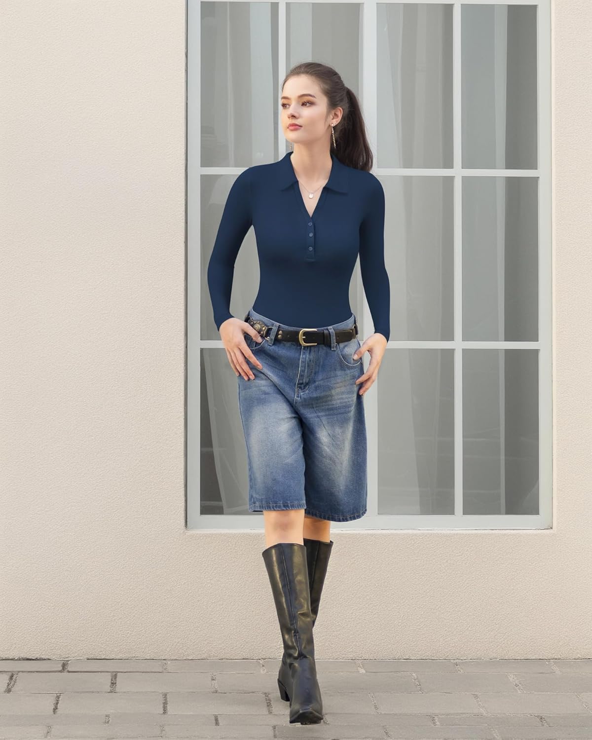 HERLOLLYCHIPS Womens Long Sleeve Collared Polo Tops V Neck Button Down Fitted Shirts - Image 5