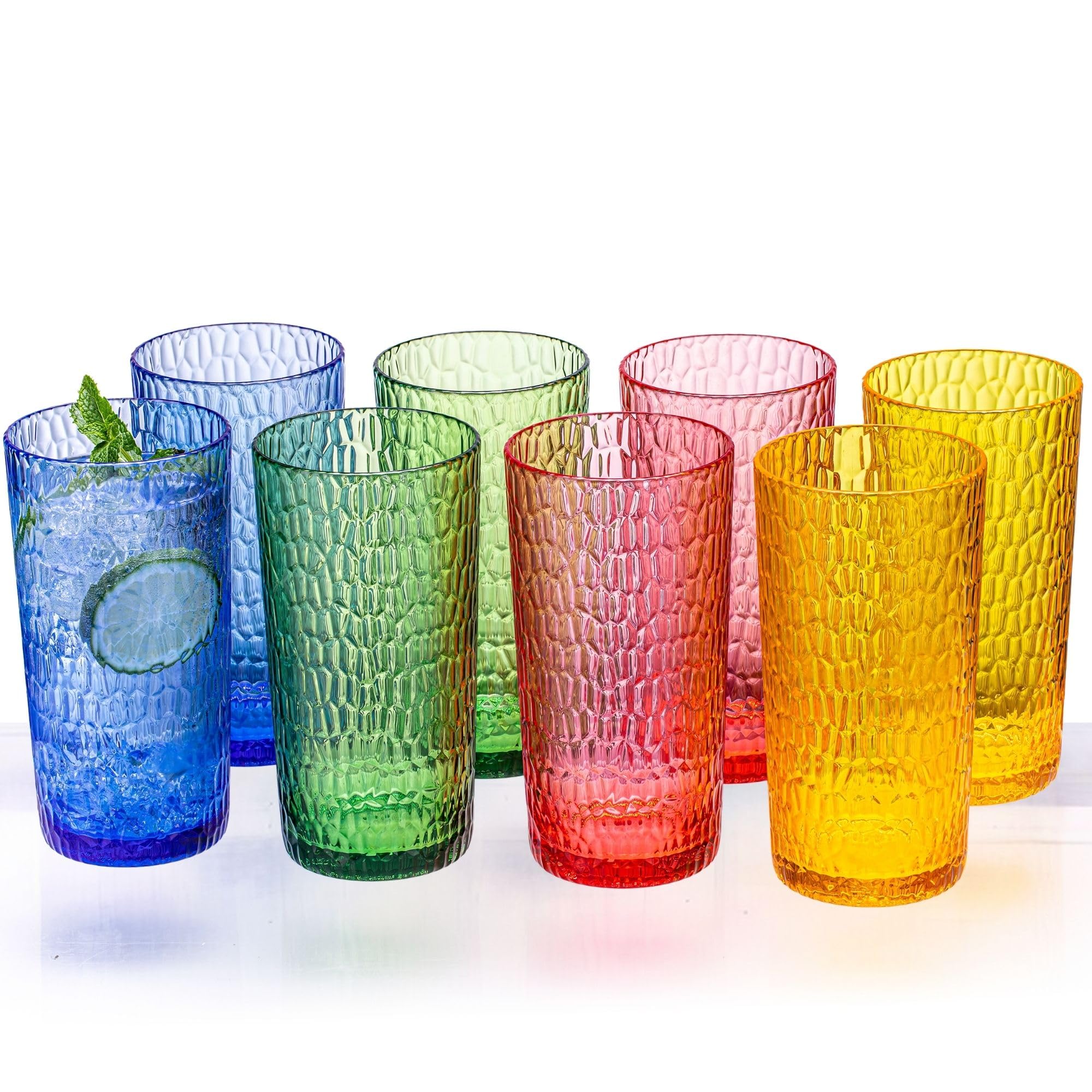 MIYOPESI 22oz Colorful Acrylic Glasses Drinkware Set of 8 Honeycomb Stackable Shatter-Proof Plastic Tumblers Reusable Plastic Drinking Glasses