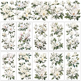 Whaline 10 Sheets White Magnolia Rub on Transfer for Crafts Vintage Floral Rub on Transfer Stickers Decorative Furniture Decals for Wood Furniture Scrapbooking Home Party DIY Crafts, 5.9 x 11.8 Inch