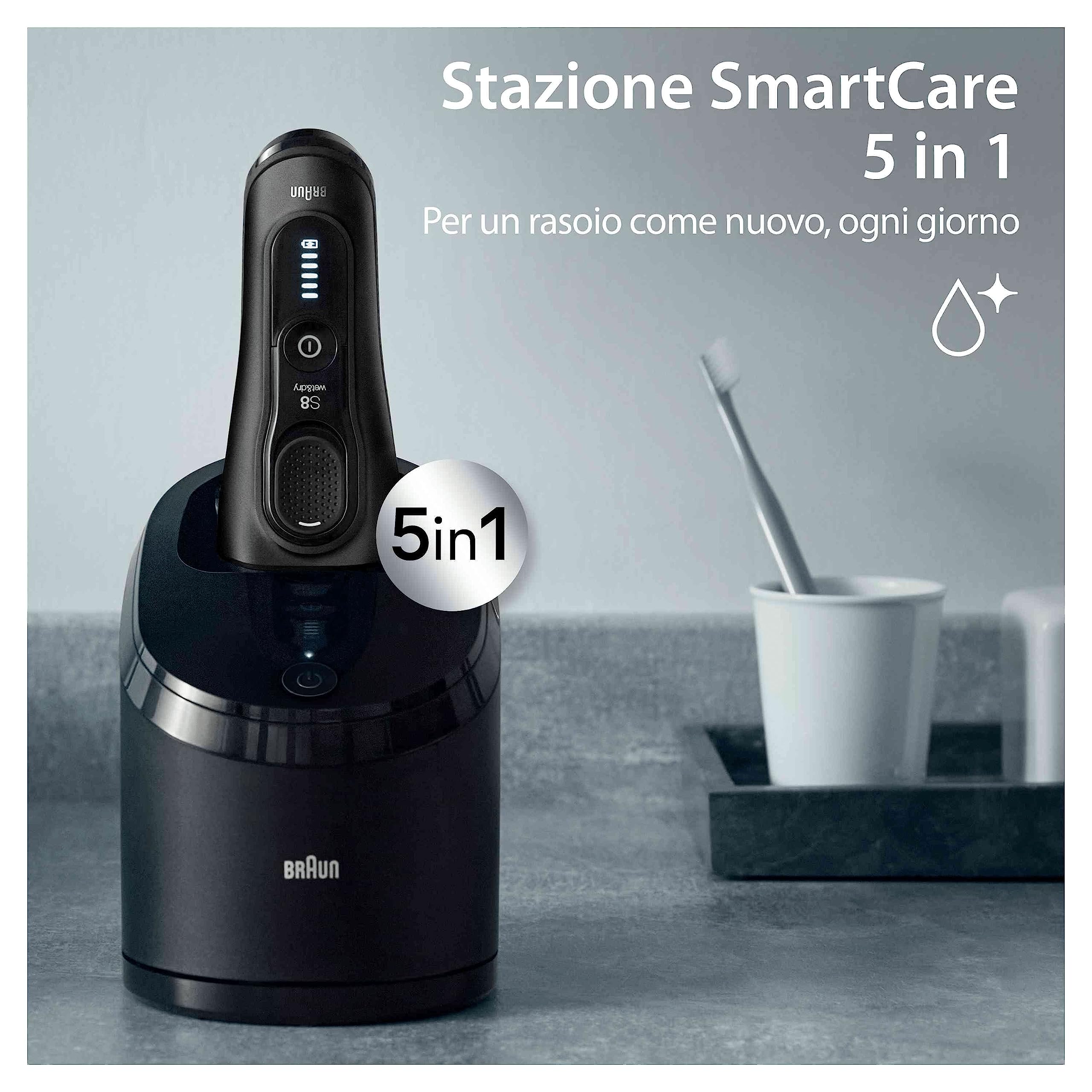 Braun Series 8, Rasoio Elettrico Barba, Rifinitore di precisione, Custodia Viaggio, Lame Flessibili, Stazione SmartCare, Uso a Secco o Sotto Acqua, Batteria Litio Ion, Idea Regalo, 8560cc Nero