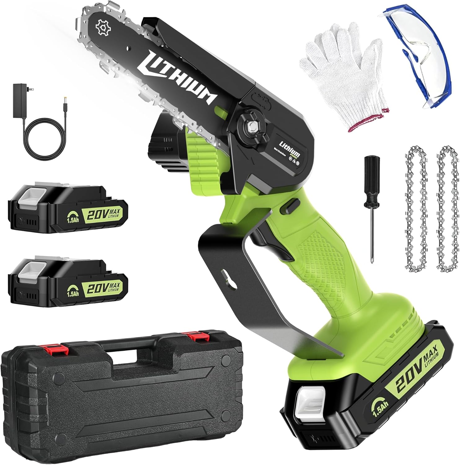 6 Inch Battery Powered Mini Chainsaw Cordless, 20V Portable Handheld Electric Chainsaws with 2 Batteries 2 Chains for Tree Trimming, Wood Cutting, Yard & Garden