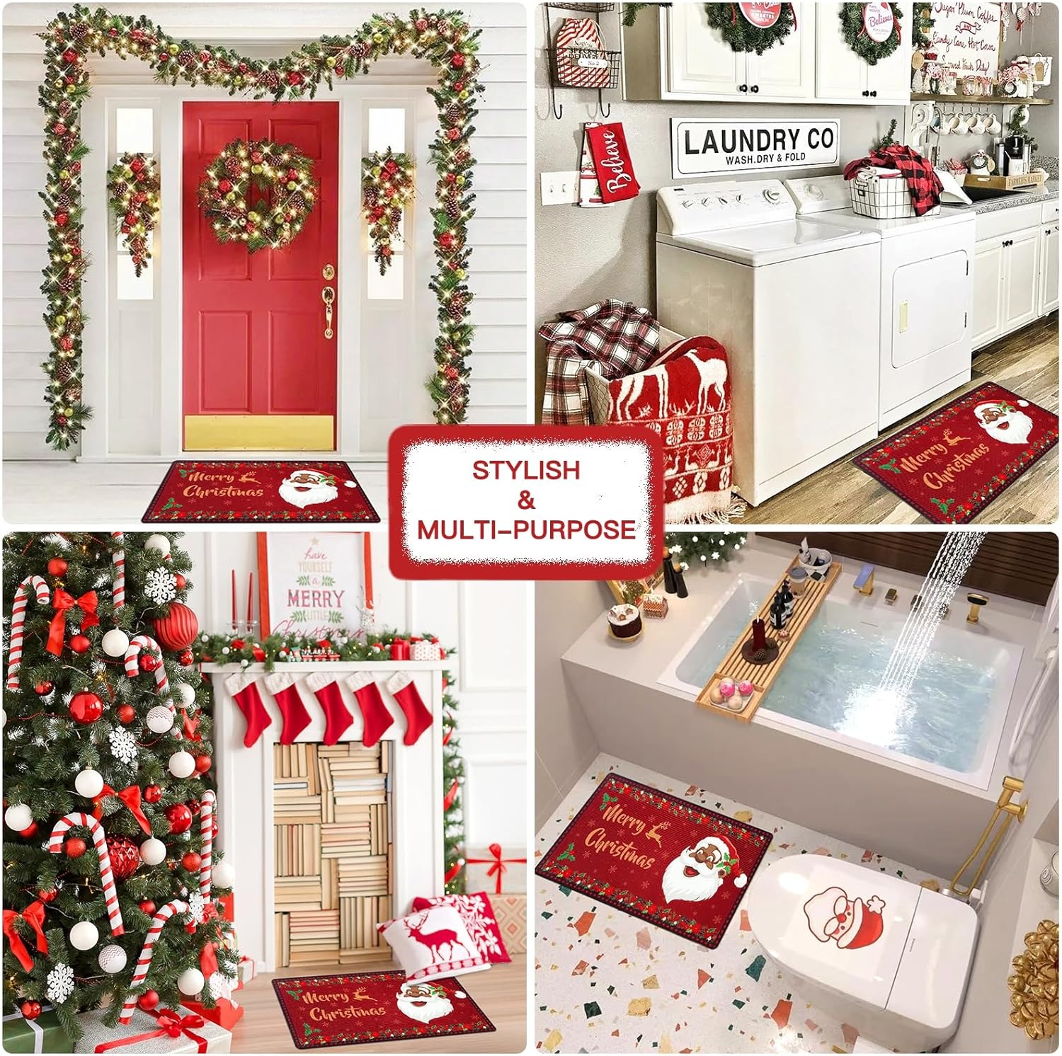 Black Santa Christmas Kitchen Rug and Mat Set,African American Christmas Decorations,Winter Holiday Merry Christmas Kitchen Sink Floor Mat Santa Claus Kitchen Bathroom Mat for Xmas Indoor Decoration