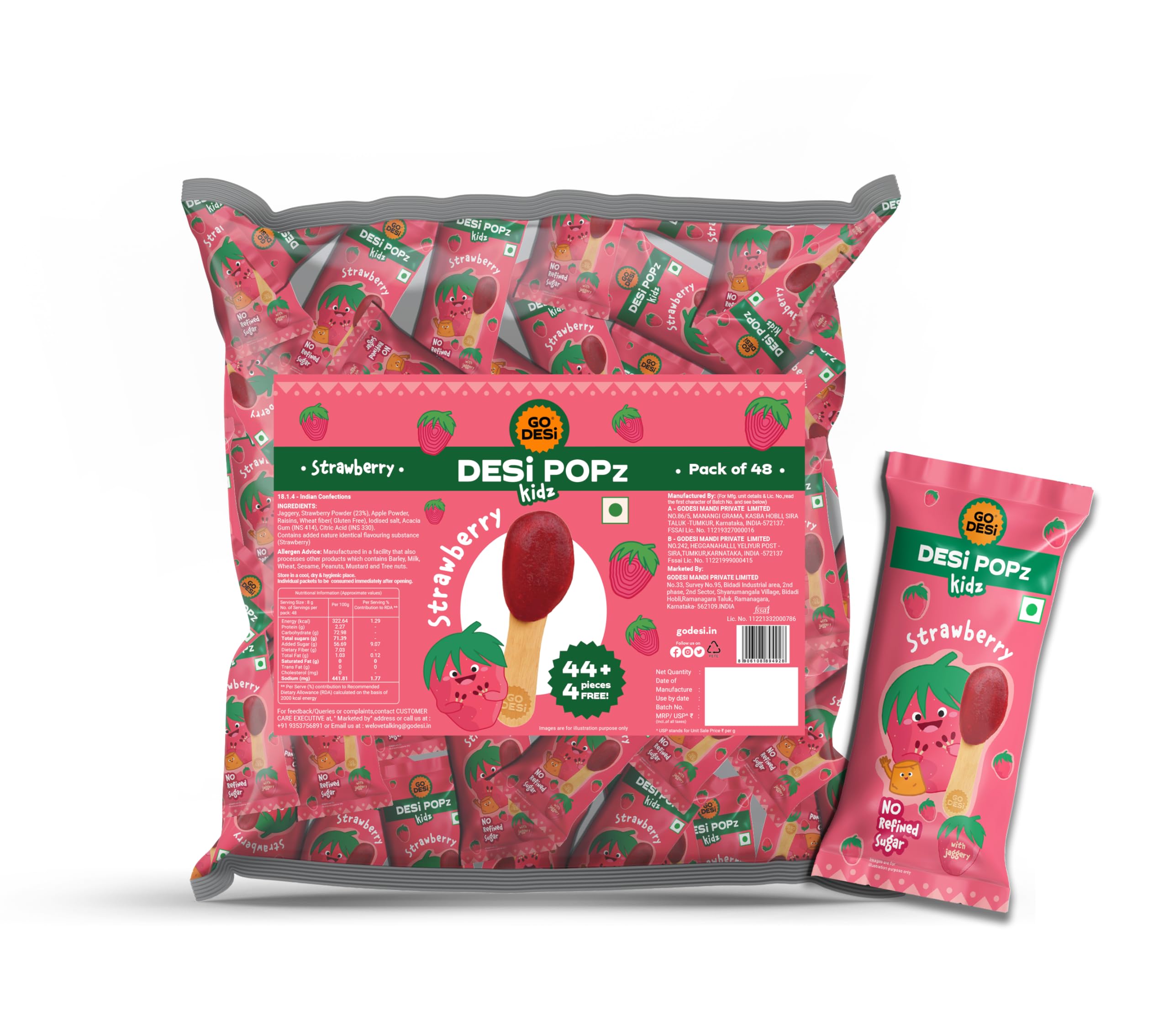 Go Desi Strawberry Candy | Desi Popz | 48 pieces | Hand made | Sticker card | No Refined Sugar