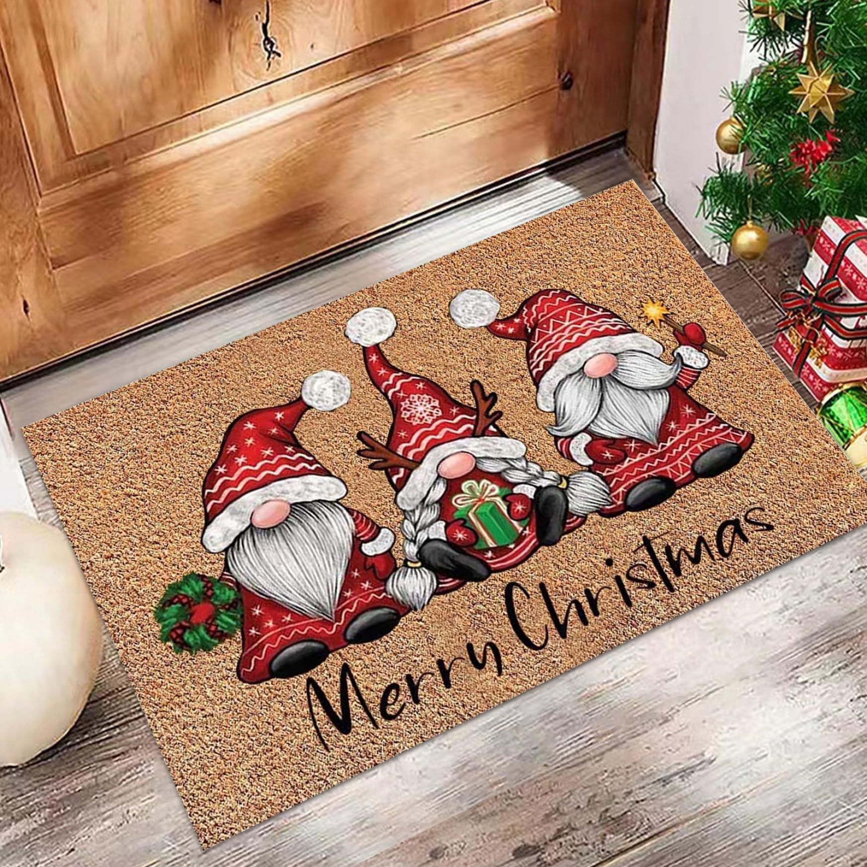 Alfombra navideña para Puerta, Alfombra navideña de 24x16 Pulgadas, Antideslizante, para Puerta de gnomo de Feliz Navidad, de Entrada de Terciopelo para Decoraciones navideñas