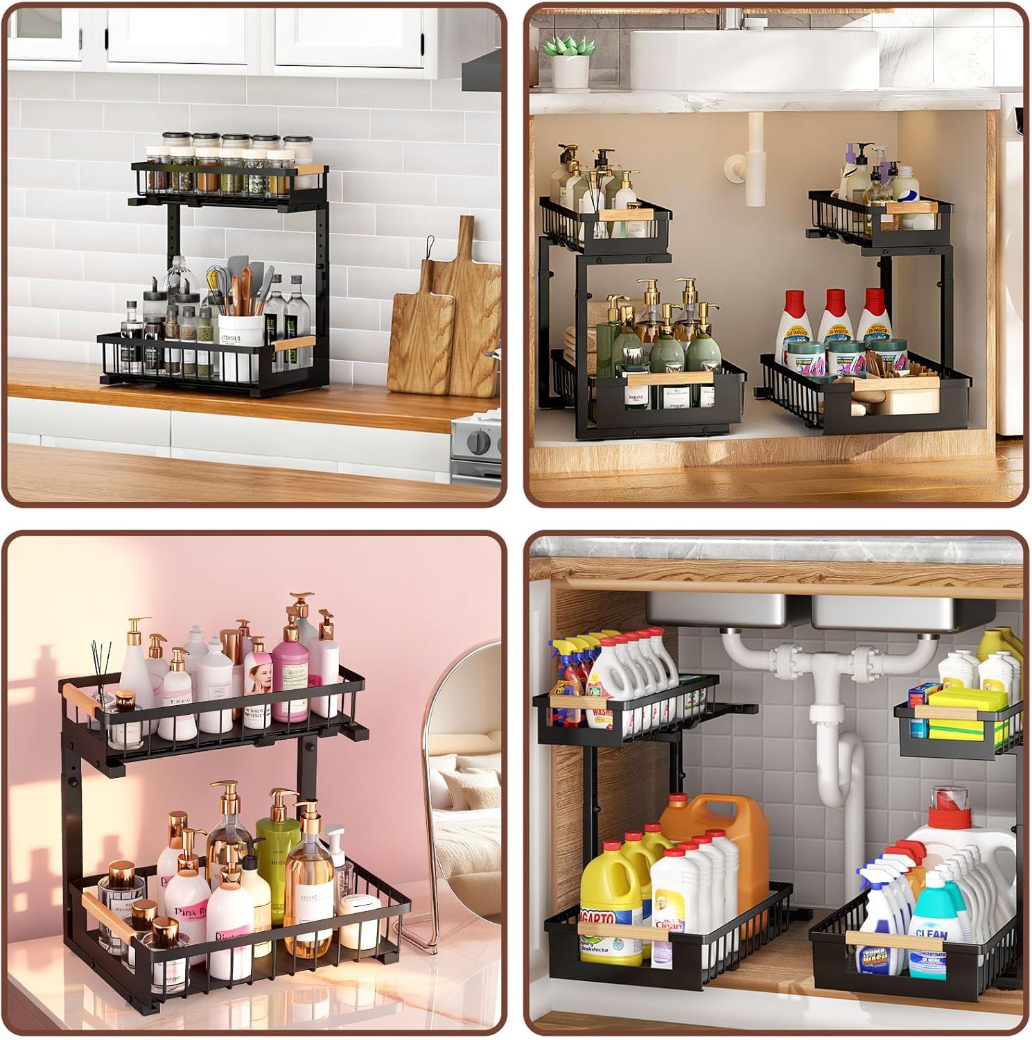 Under Sink Organizer 2-Pack Pull out Cabinet Organizer 2 Tier Metal Shelf Undersink Rack for Kitchen Bathroom Pantry Cabinet Organization and Storage, Black - Image 2