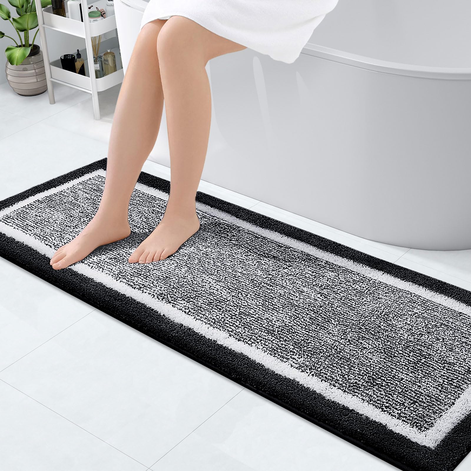 OLANLY Bathroom Rugs 59x24, Extra Soft and Absorbent Microfiber Bath Mat, Non-Slip, Machine Washable, Quick Dry Shaggy Bath Carpet, Suitable for Bathroom Floor, Tub, Shower (Black and White)
