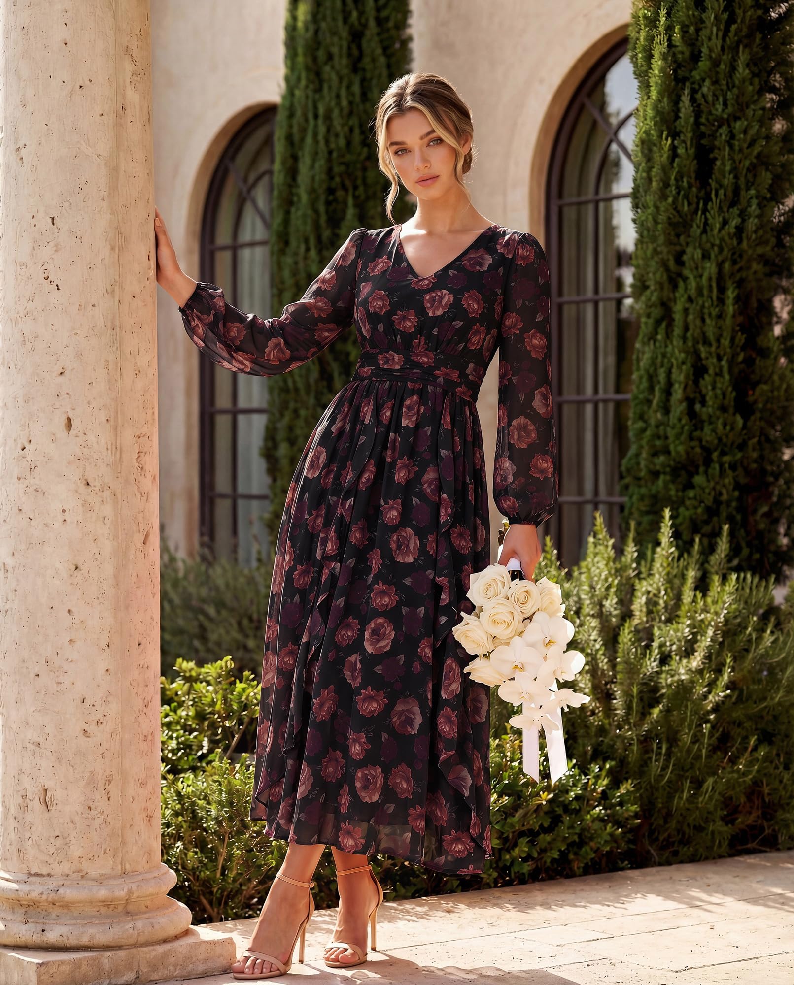 GRACE KARIN Damen V-Ausschnitt Laterne Ärmel Rüschensaum Blumendruck Tailliert Midi Kleid mit Taschen
