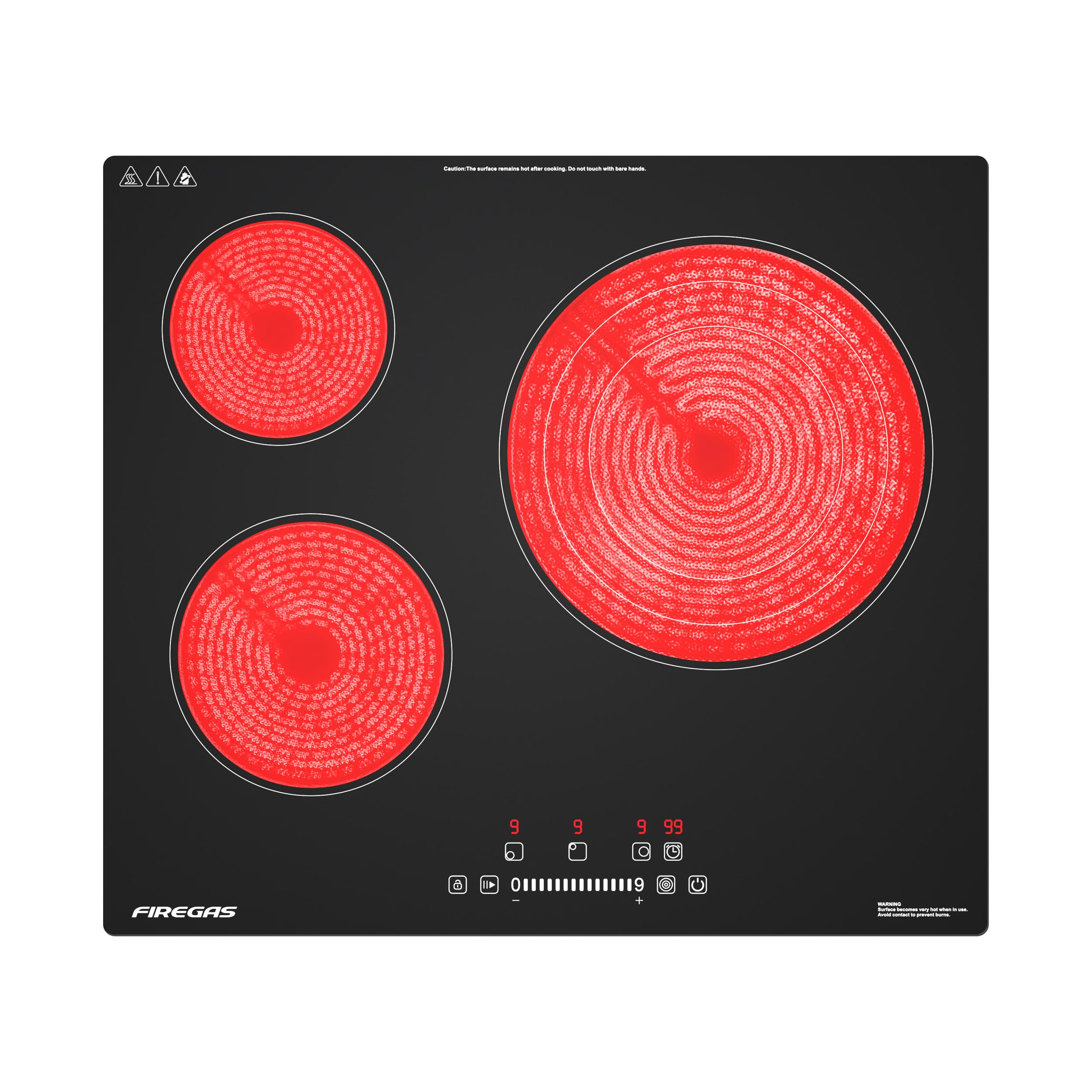 FIREGAS Placa Vitrocerámica Encastrable de 60 cm, 3 Fuegos, 5900 W, Control Táctil, 9 Niveles de Potencia, Temporizador y Bloqueo Infantil