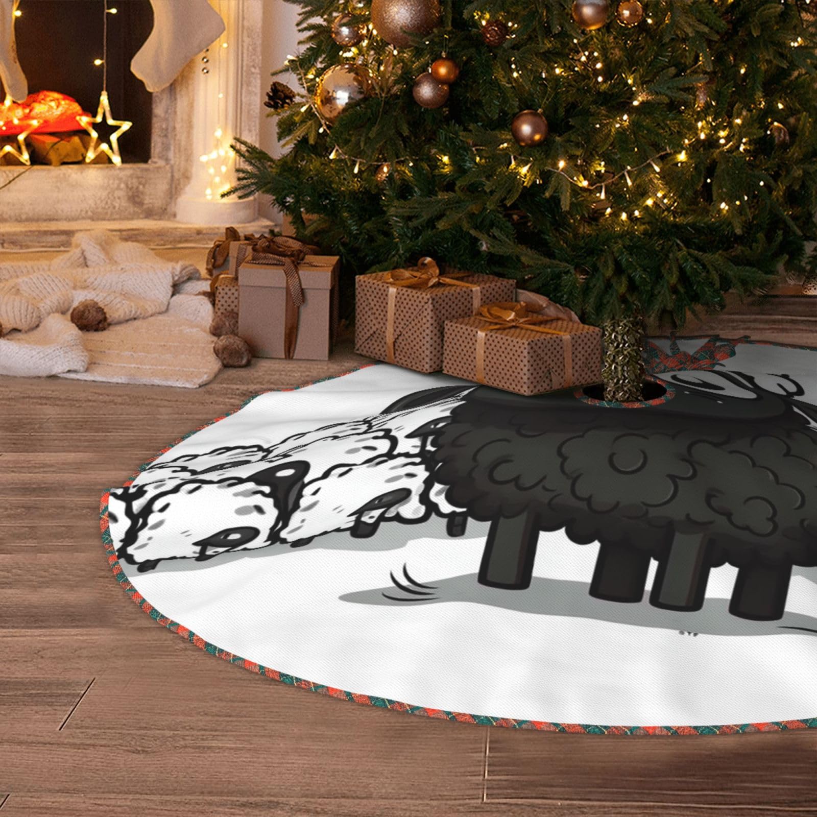 Cartoon Black White Sheep Christmas Tree Skirt 48" Artificial Tree Mat Cover Merry Christmas Burlap Xmas Tree Skirt for Christmas Decoration Holiday Indoor Outdoor Winter Party Decor
