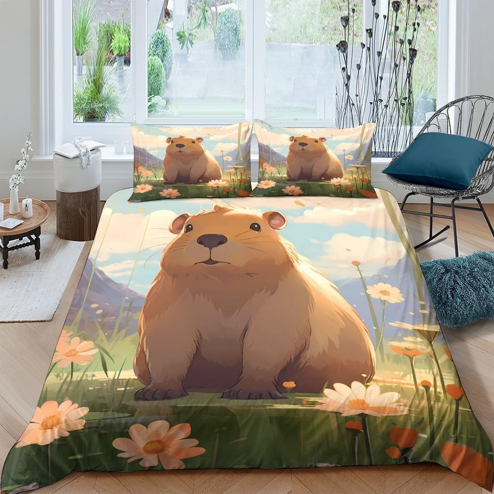 Ctjqhvkz Style-9 3D Printed Capybara Meadow Fitted Sheet Microfiber Soft Anti-Slip Bed Cover For Bedroom Guest Room Decor Single（135X200cm）