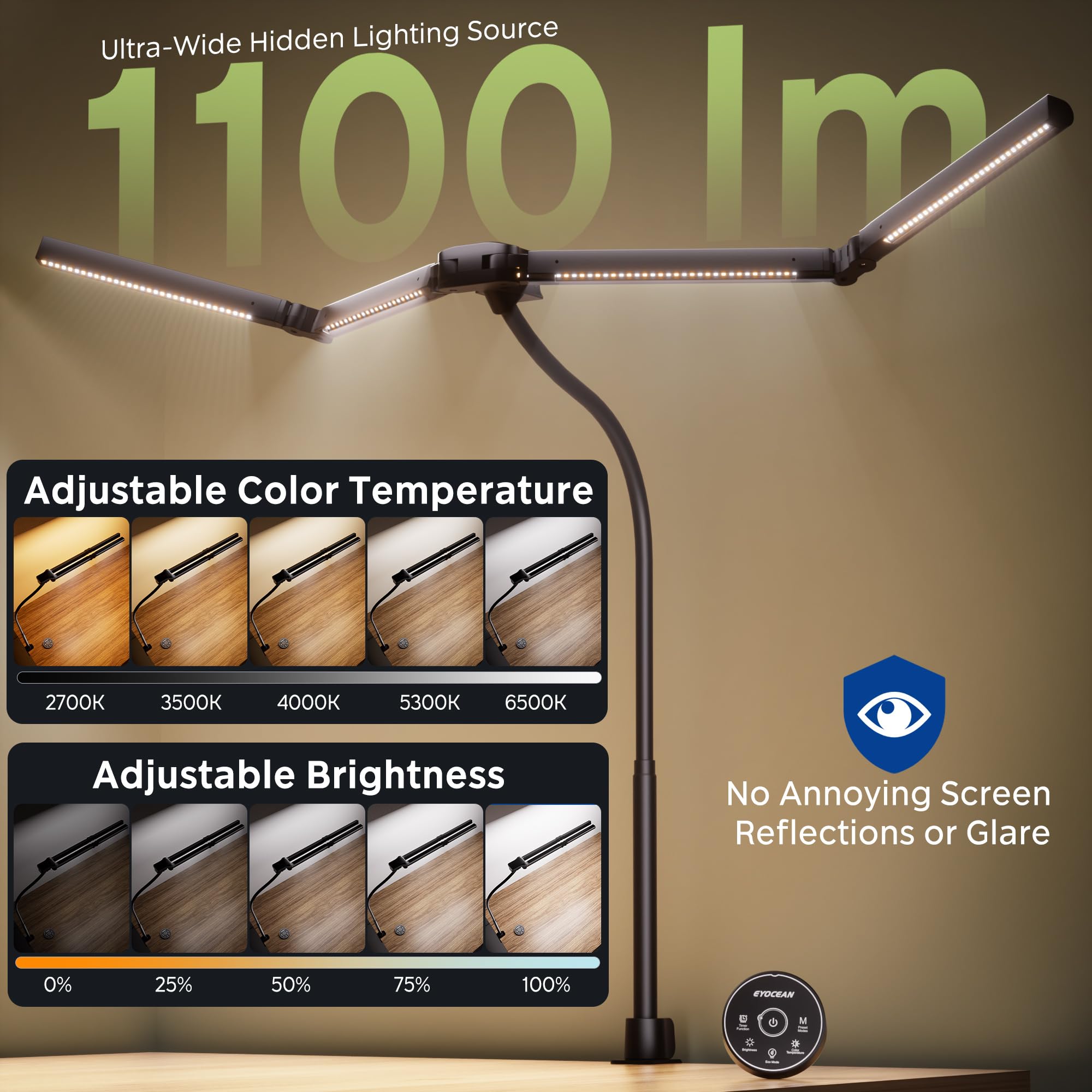 EYOCEAN Lampe De Bureau À 4 Sources Lumineuses, 24 W, 100 Cm, Lumière Du Jour, Avec Télécommande, Pour Écran À Intensité Variable, Col De Cygne, Noir Profond