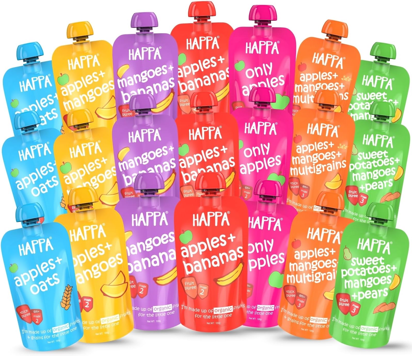 Organic Baby Food Puree Monthly Combo Pack | 100% Fruits, Grains and Vegetables | No Added Sugar, No Milk Powder, No Preservatives | Stage 2 (6 Months+) | Ready to Eat | Free from Common Allergens | Pack of 21 (100g Each)