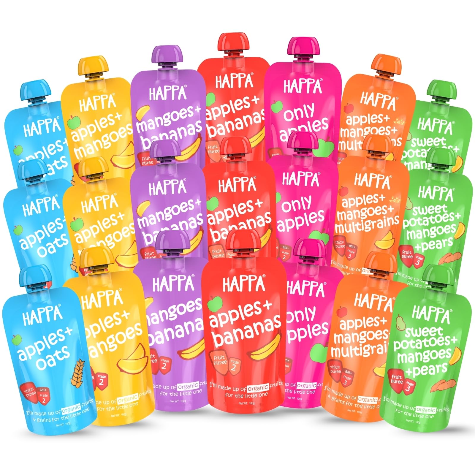 Organic Baby Food Puree Monthly Combo Pack | 100% Fruits, Grains and Vegetables | No Added Sugar, No Milk Powder, No Preservatives | Stage 2 (6 Months+) | Ready to Eat | Free from Common Allergens | Pack of 21 (100g Each)