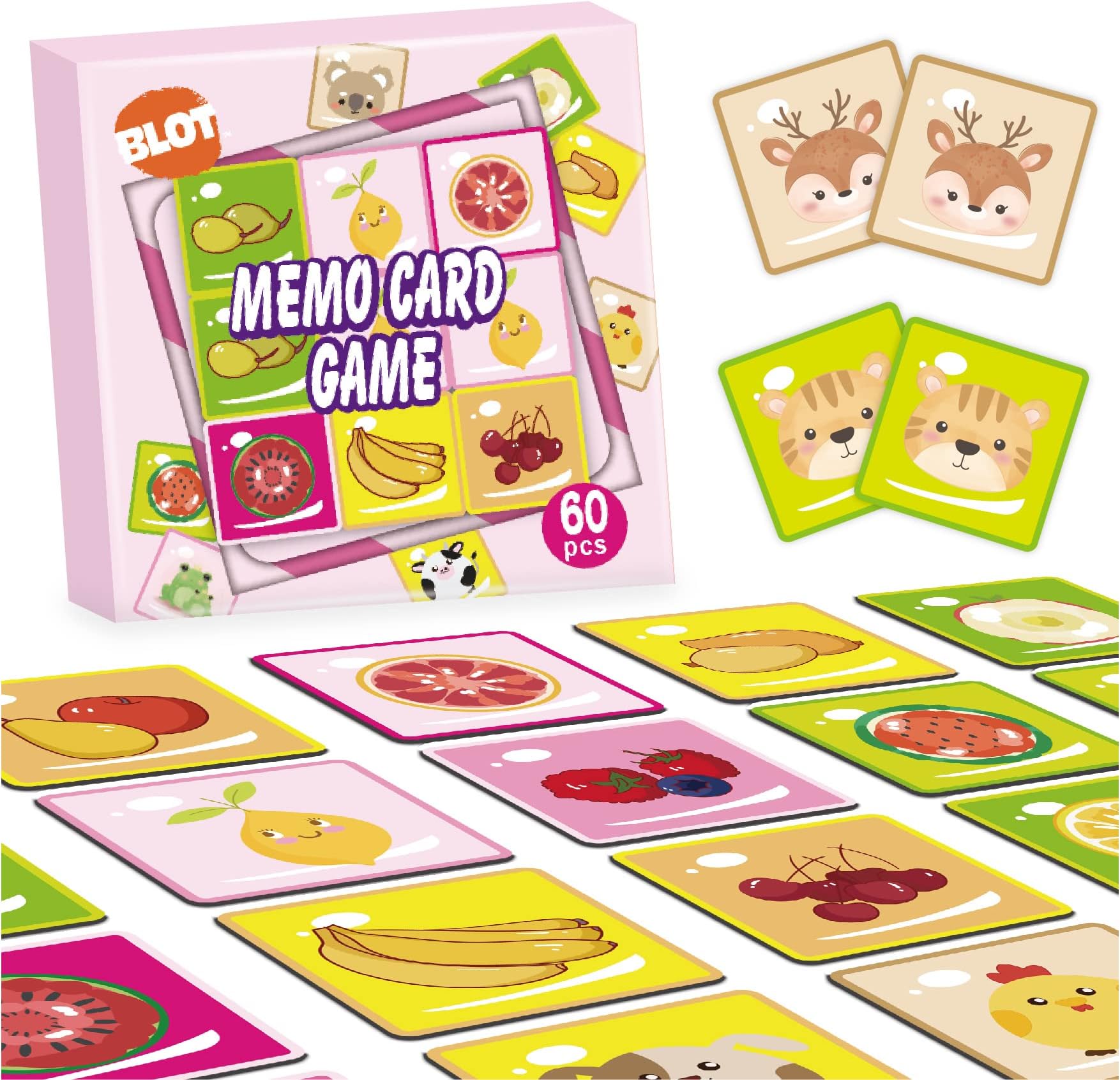 BLOT Memory Games for Kids 60pcs Memory Matching Game Cute Animal Fruit Memory Cards for Boys and Girls Preschool 4 5 6 Years Old