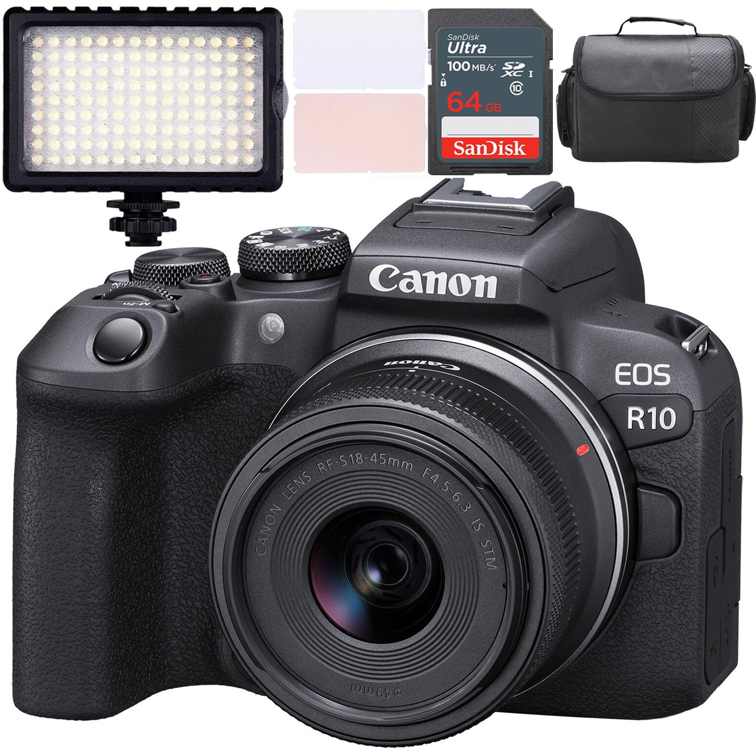 Canon EOS R100 4K Video Recording Mirrorless Camera With 18- 45mm And Canon  EF 75-300mm III Lenses X 64GB Fast Transcend Memory Deluxe