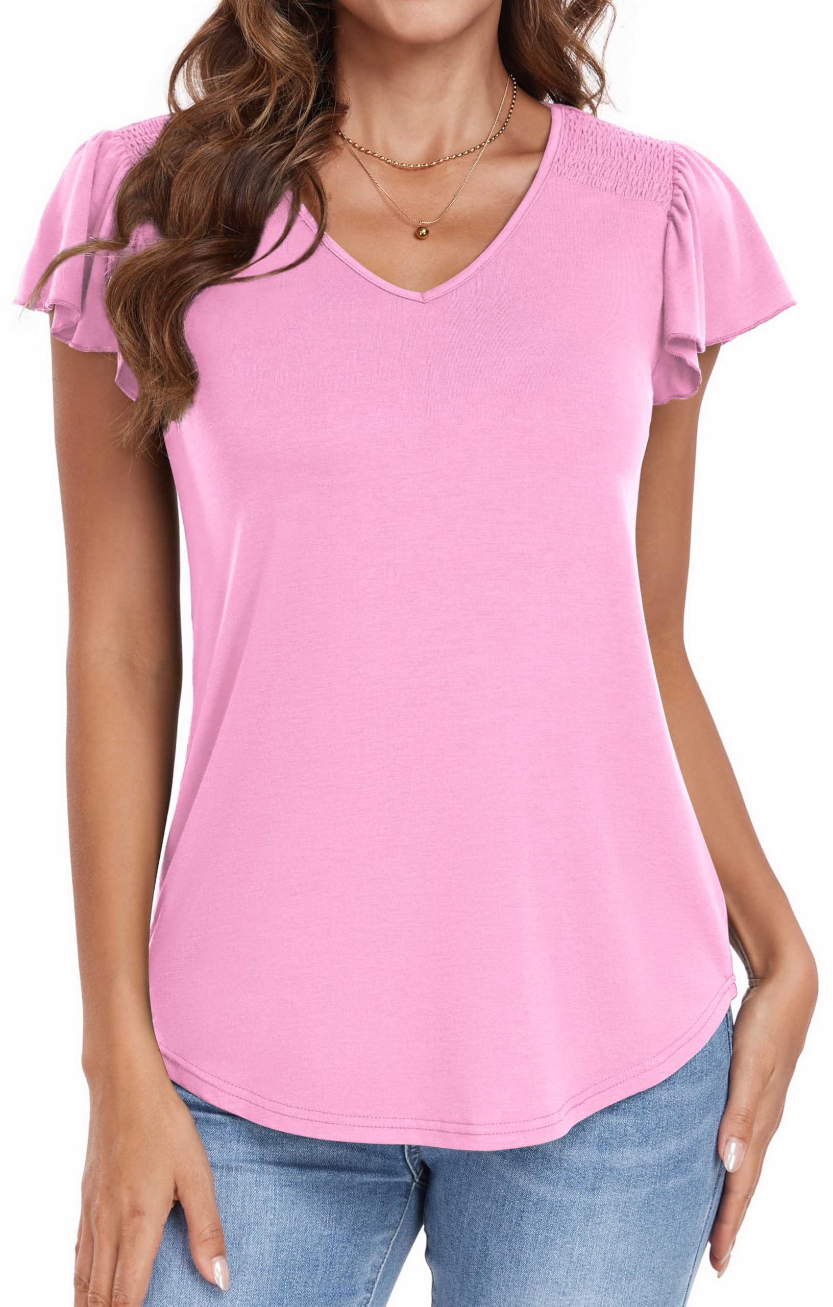 Neineiwu T-Shirt Damen V-Ausschnitt Langarm/Kurzarm Oberteile Solide T-Shirt Leicht Luftig