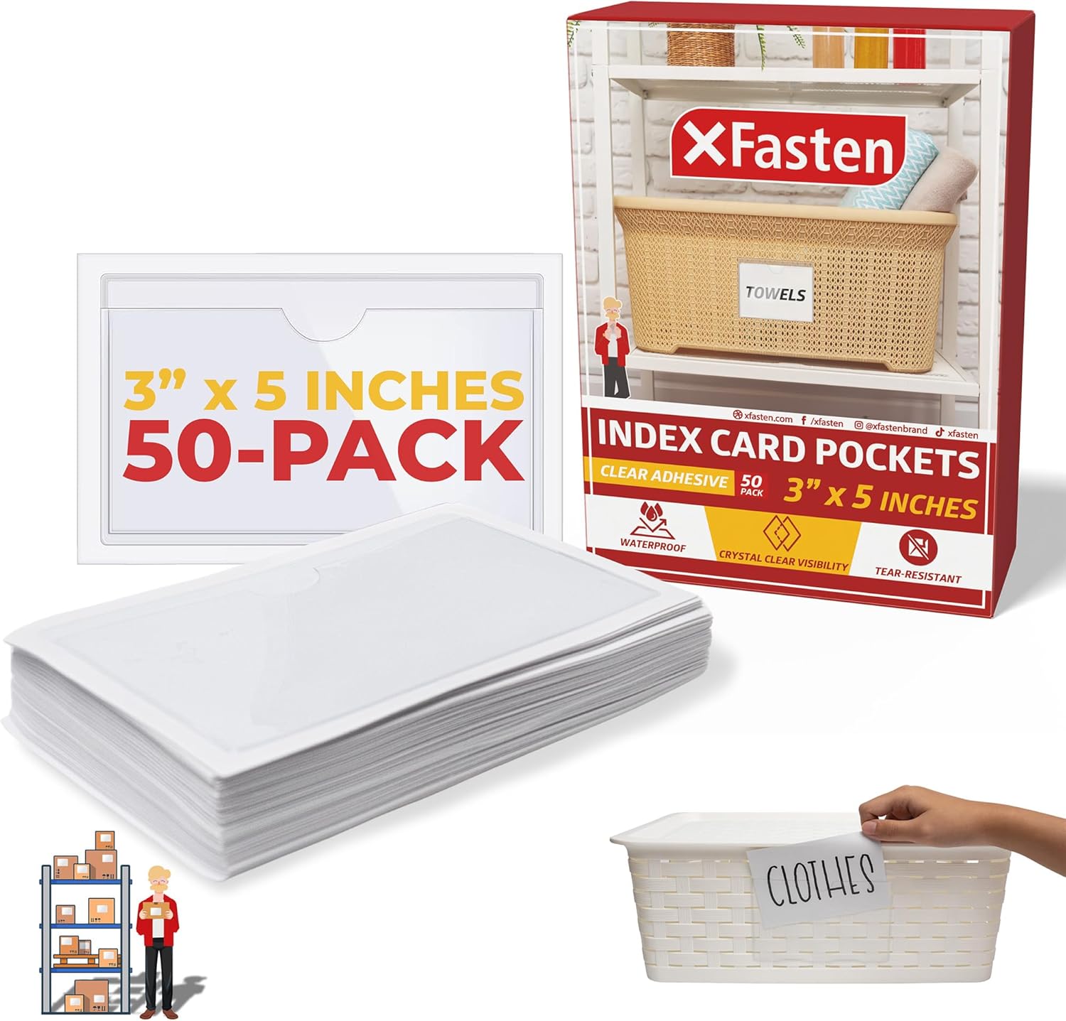 XFasten Index Card Pocket Clear Pocket Sleeves 3" x 5" 50