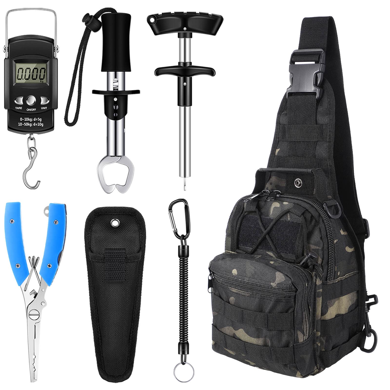 Hungdao 7 Pcs Fishing Gifts Backpack Tool Kit Fishing Gear Set Fish Hook Pliers Remover Digital Scale Gripper Sheath Lanyards Fish Hook Separator