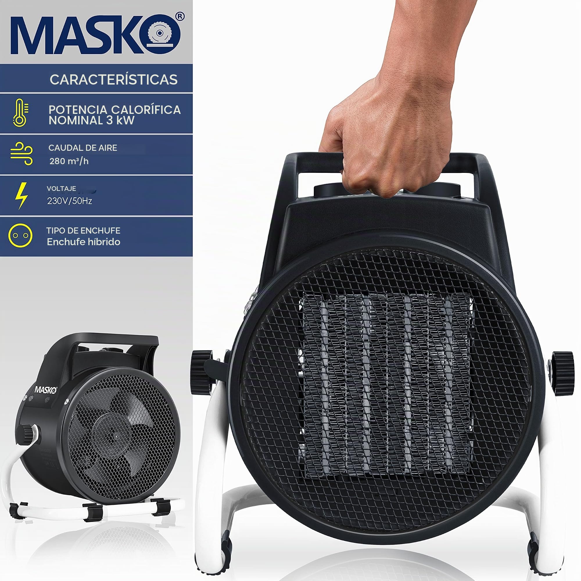 Masko Calefactor cerámico, 3 kW/3000 W, termostato, 3 niveles de calor, interior-exterior