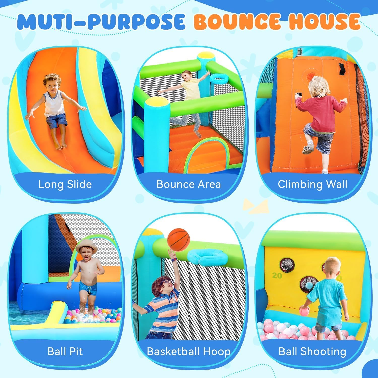 Parco acquatico gonfiabile con scivolo, spruzzatore, trampolino, piscina, parete da arrampicata e canestro da basket, include ventilatore d'aria, casa di rimbalzo all'aperto per bambini e bambini, può