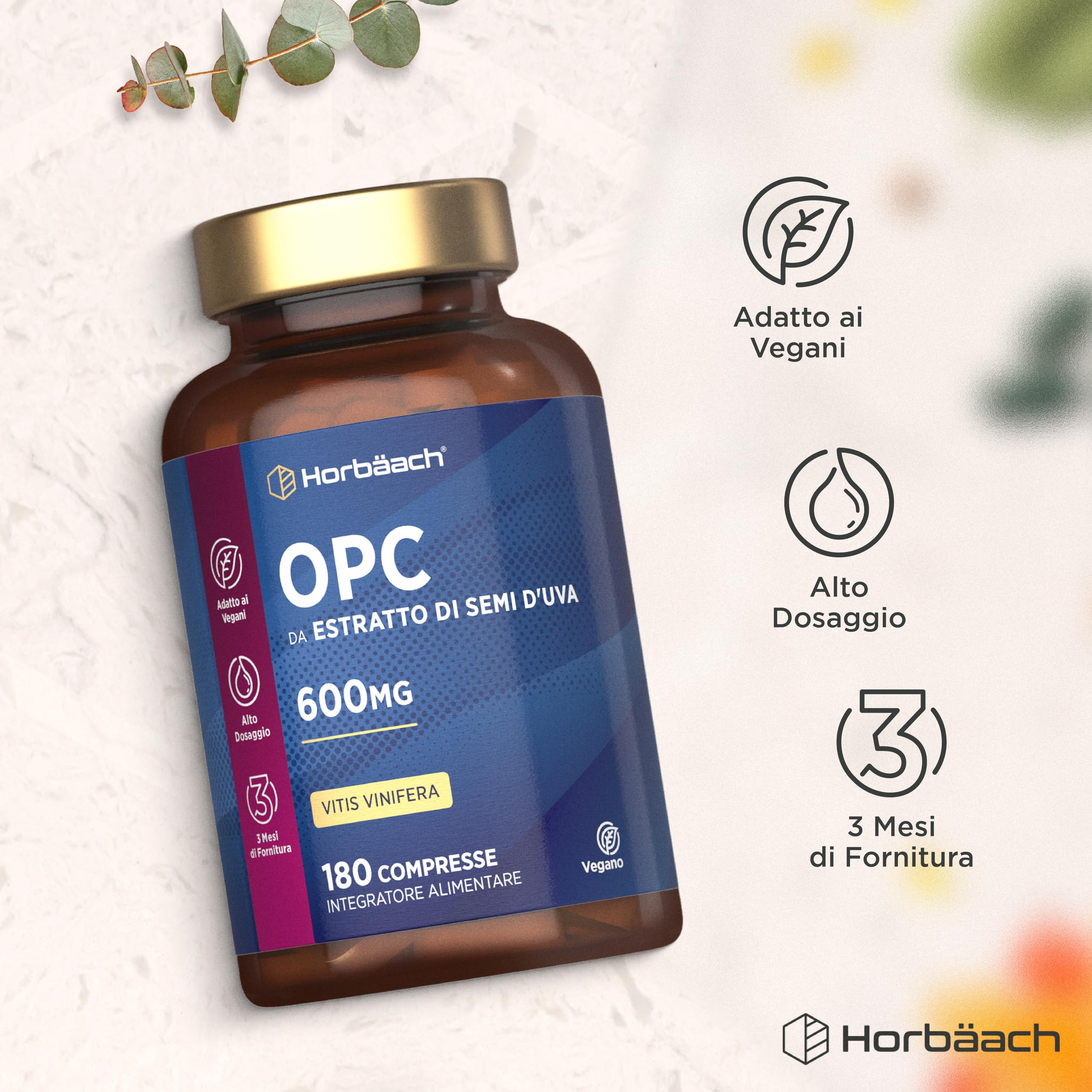 OPC Integratore | 180 Compresse Vegane | Proantocianidina Oligomerica 95% | 600mg di OPC Estratto di Semi d'Uva | Alto Dosaggio | Grapeseed Extract | di Horbaach