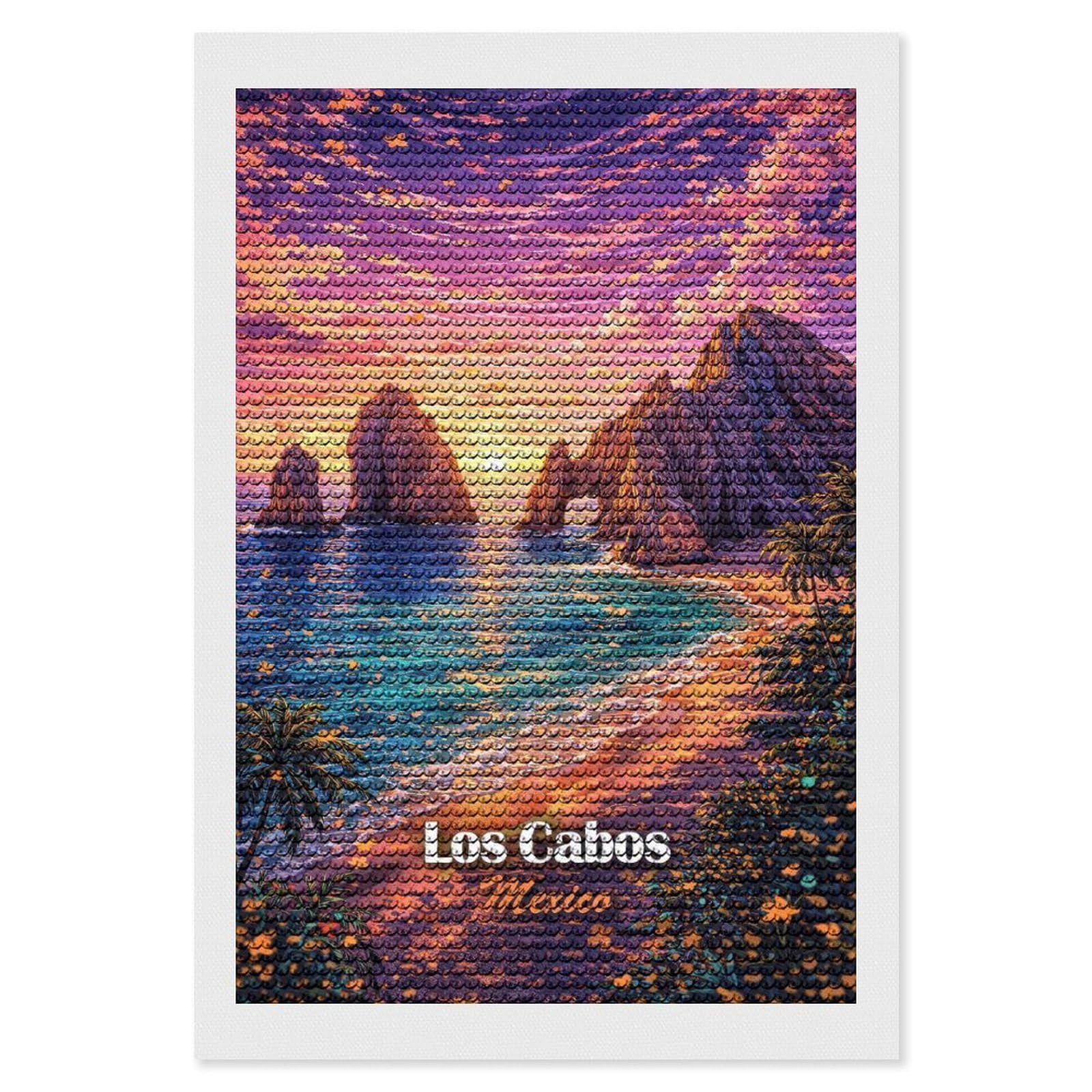 Junmoney Los Cabos Mexico Sunset Arch Full Drill Diamond Painting Kit 8"x12", Sparkling Round Gems, Decorate Your Room, Mindful Craft Activity