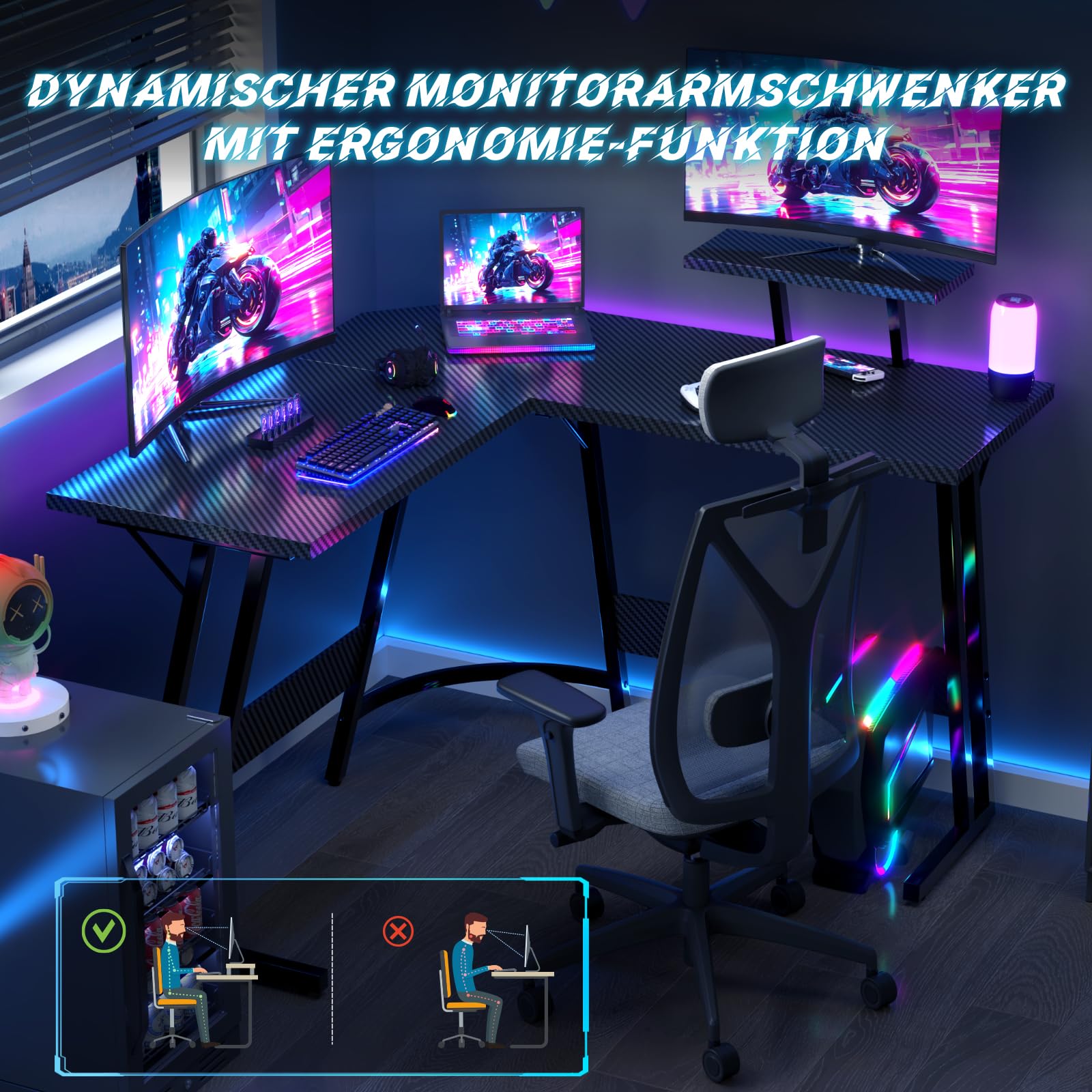 JUMMICO Gaming Tisch L Form 120x120cm, Eckschreibtisch für Gaming,Schreibtisch L Form Mit Monitorständer, Carbon Schwarz