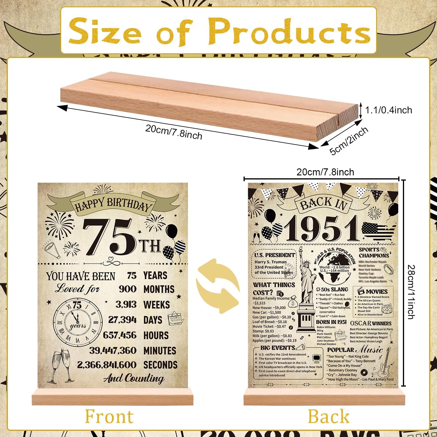 Yoyuspy 75th Birthday Decorations for Women Men, Vintage Double-Sided Printing Back in 1951 Acrylic Poster Sign with Stand Gifts, Cheer to 75 Years Party over the Hill Table Decor Supplies - Image 2