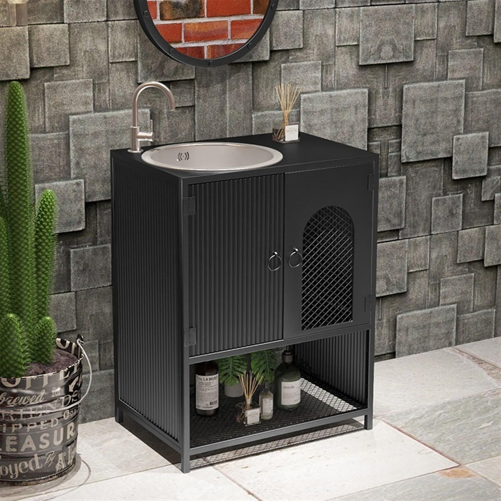 Lavabo del baño Mueble de baño con Lavabo Acero Inoxidable y Mueble Almacenamiento Estilo Industrial(Orange)
