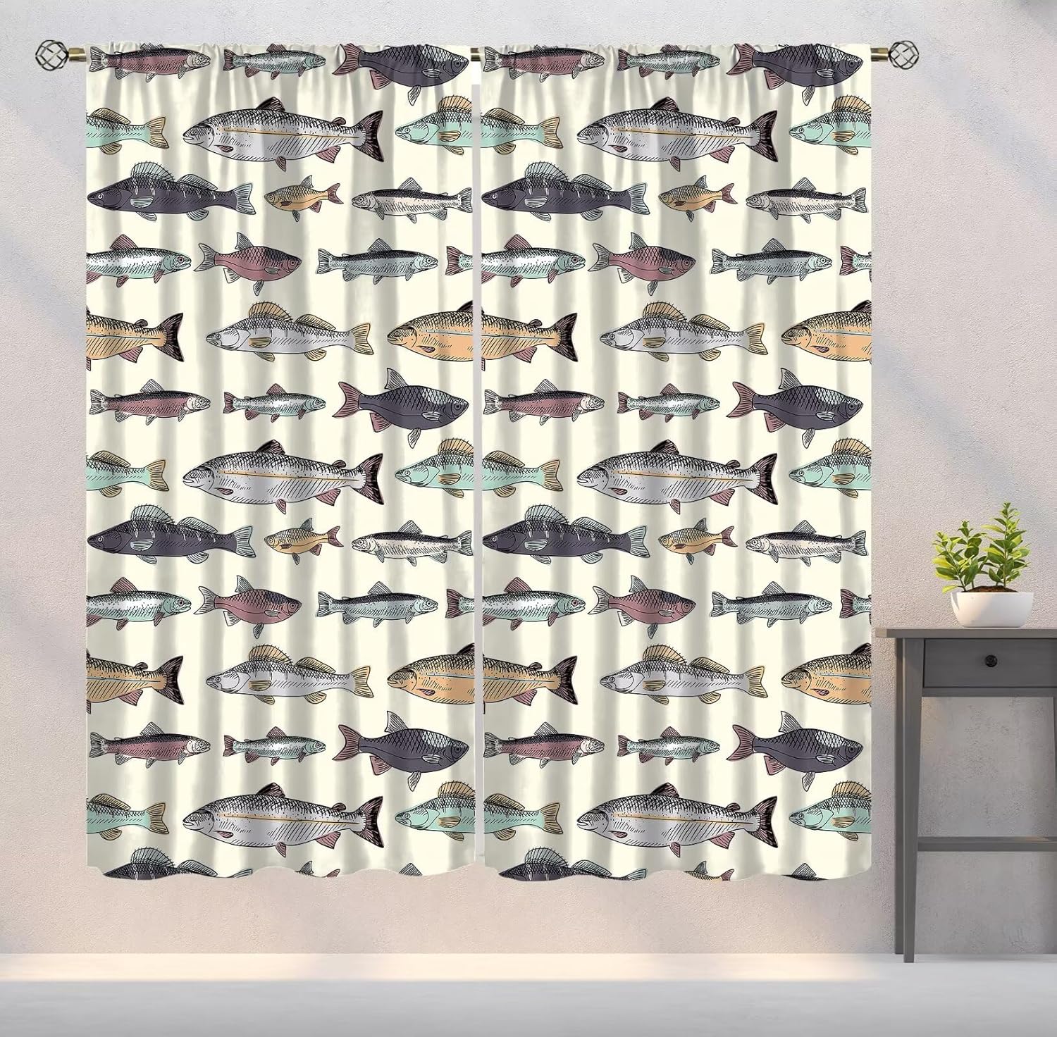 Fish Blackout Curtains Vintage Fishes Drawing Art Printed Window Drapes for Bedroom Living Room Kitchen Decor Fabric Set 2 Panel 63x63 Inch 80% Shading Rate