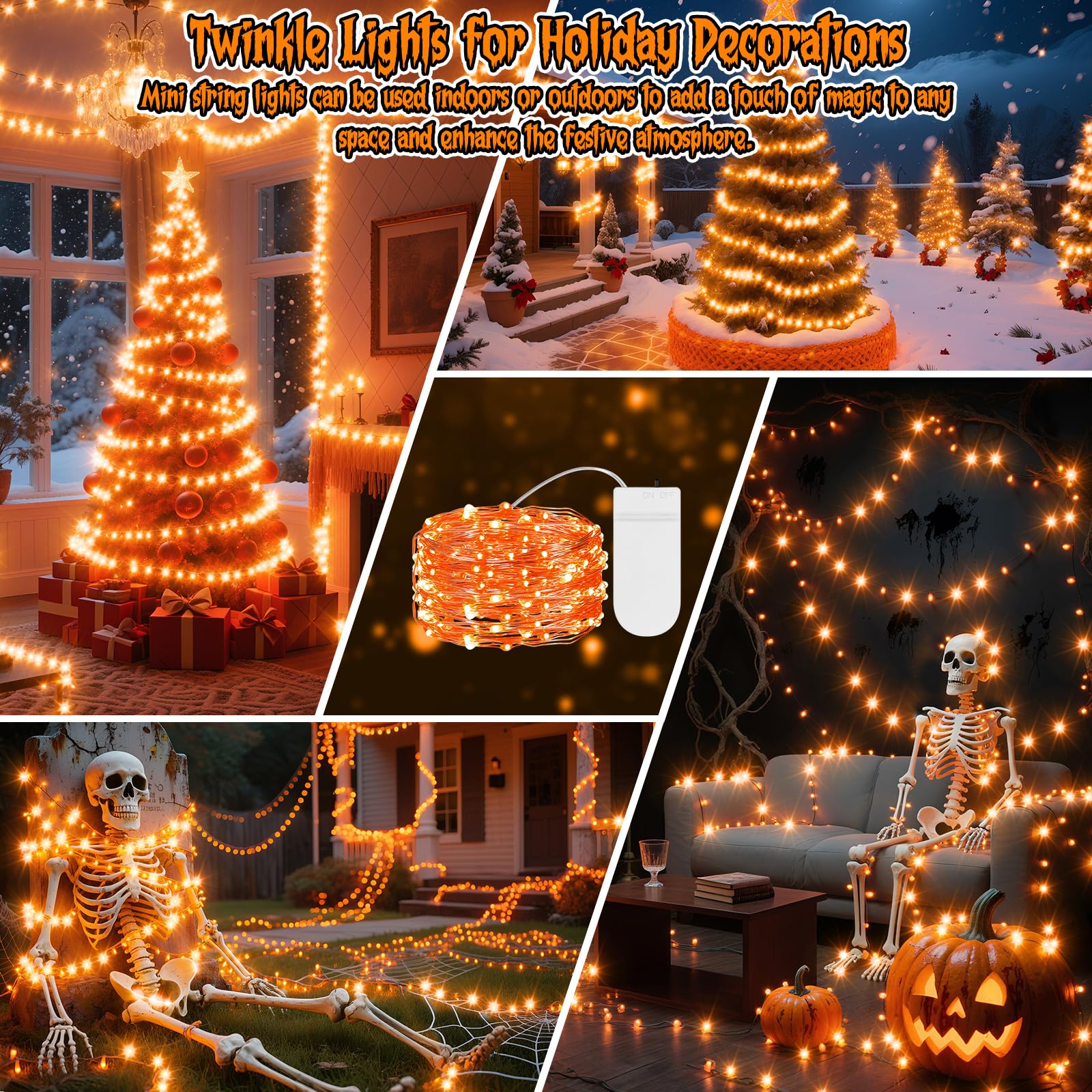 Guirnalda de luces LED estrelladas, luces de hadas que funcionan con pilas, luces de alambre de cobre para decoración de Navidad, disfraces, bodas (naranja, pies, 7.2)