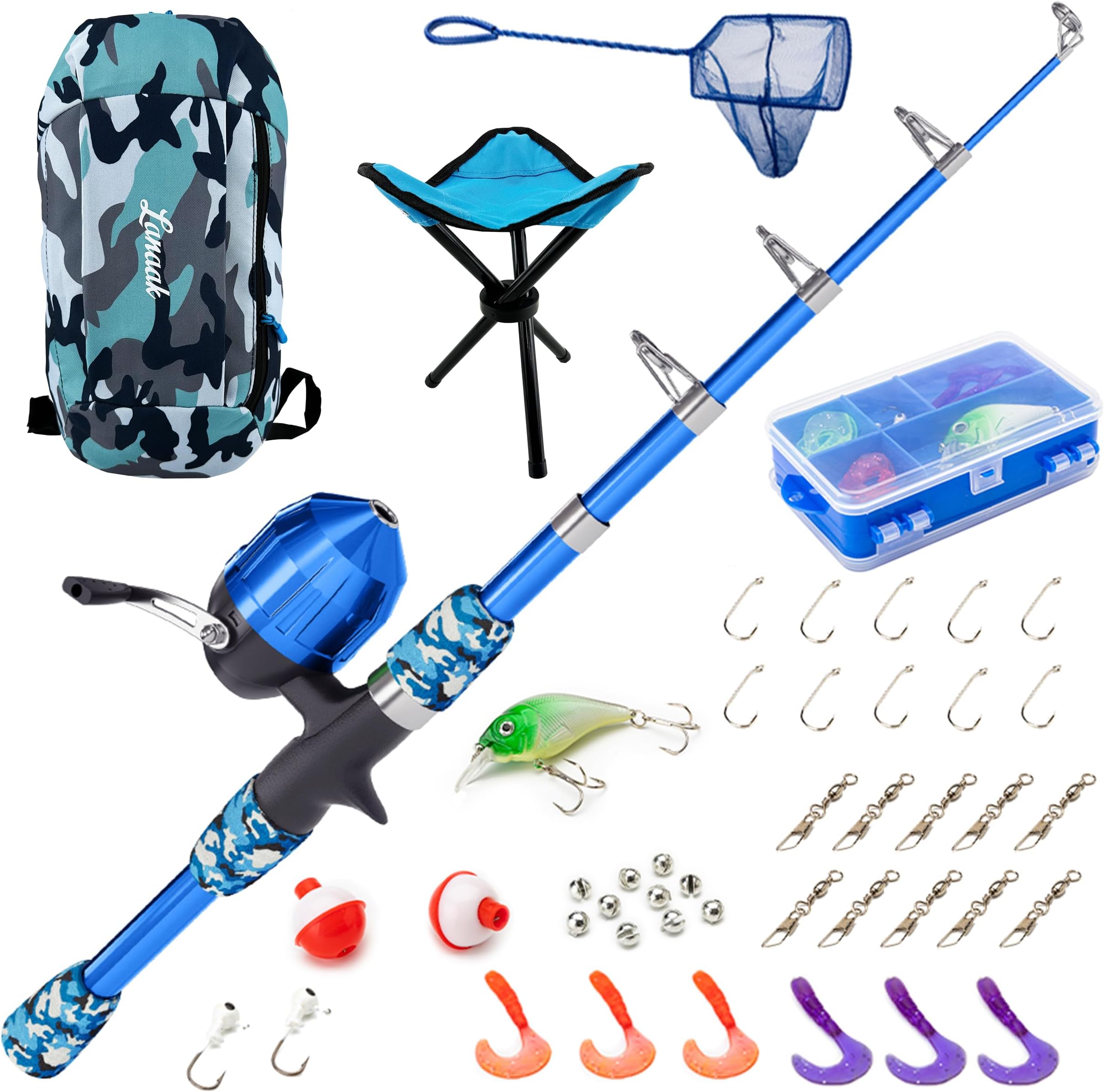 Lanaak Kids Fishing Pole and Tackle Box - with Net, Travel Bag, Reel and Beginner’s Guide - Rod and Reel Kit for Boys, Girls, or Youth