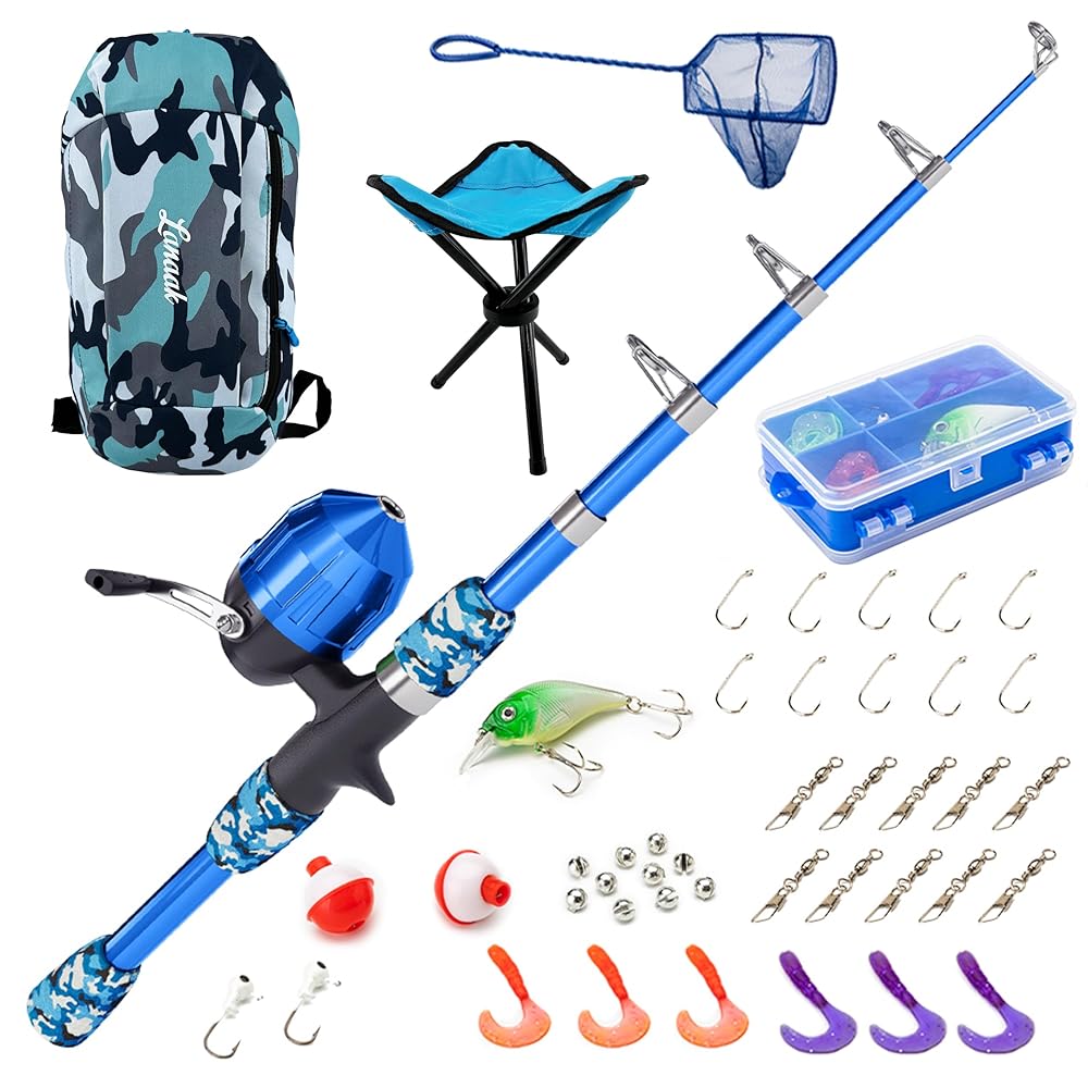 Lanaak Kids Beginner\'s Fishing Pole and Tackle Box - with All New Kids Camo Back-Pack, Net, Reel and Beginners Guide - Rod and Reel Kit for Boys, Girls, or Youth (Camo Blue)