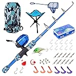Lanaak Kids Beginner\'s Fishing Pole and Tackle Box - with All New Kids Camo Back-Pack, Net, Reel and Beginners Guide - Rod and Reel Kit for Boys, Girls, or Youth (Camo Blue)