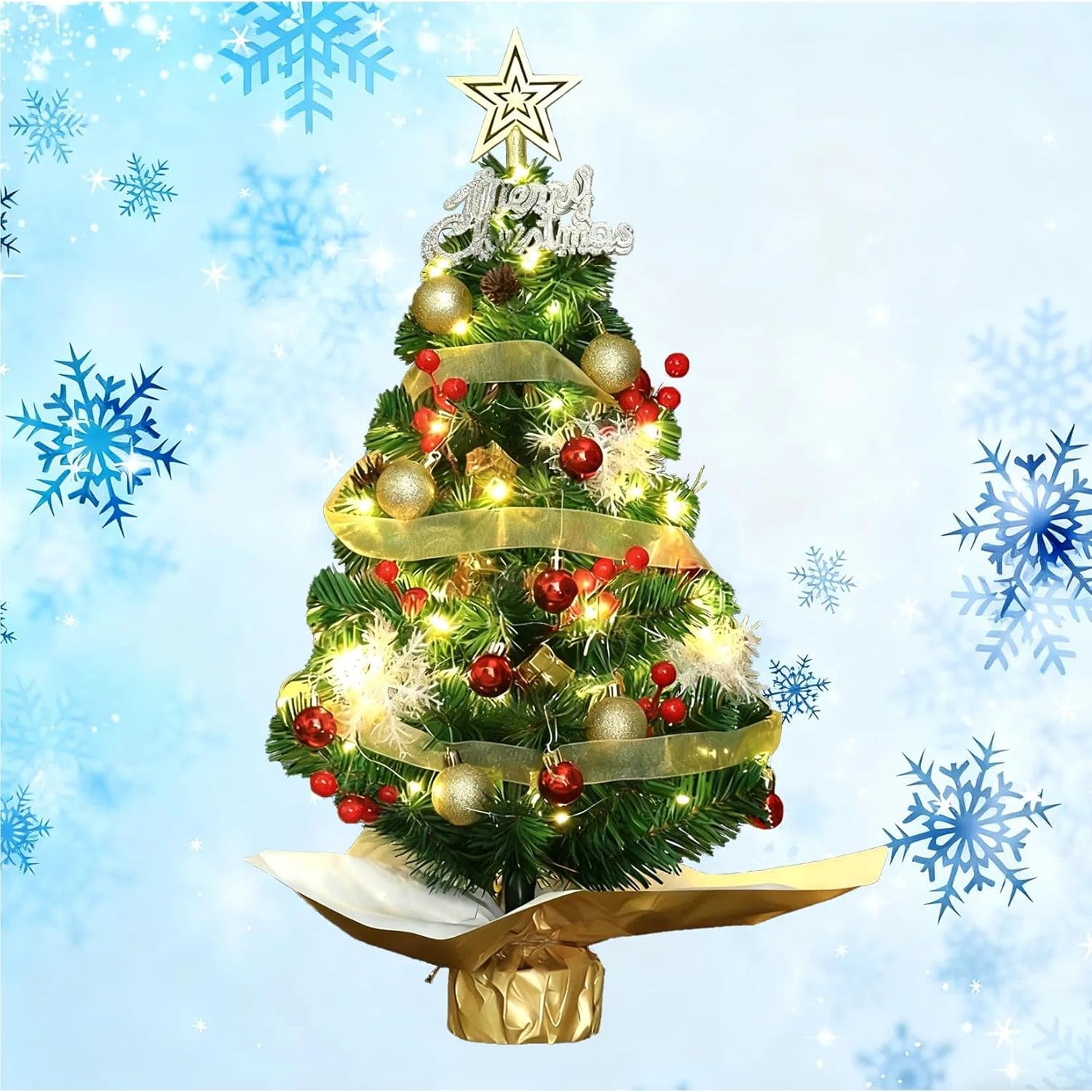 24 Inch Tabletop Christmas Tree, Artificial Mini Christmas Tree with Star Topper, Hanging Ornament,Decorative Bow, DIY Small Xmas Table Tree for Holiday Home Office Décor(Green Tree