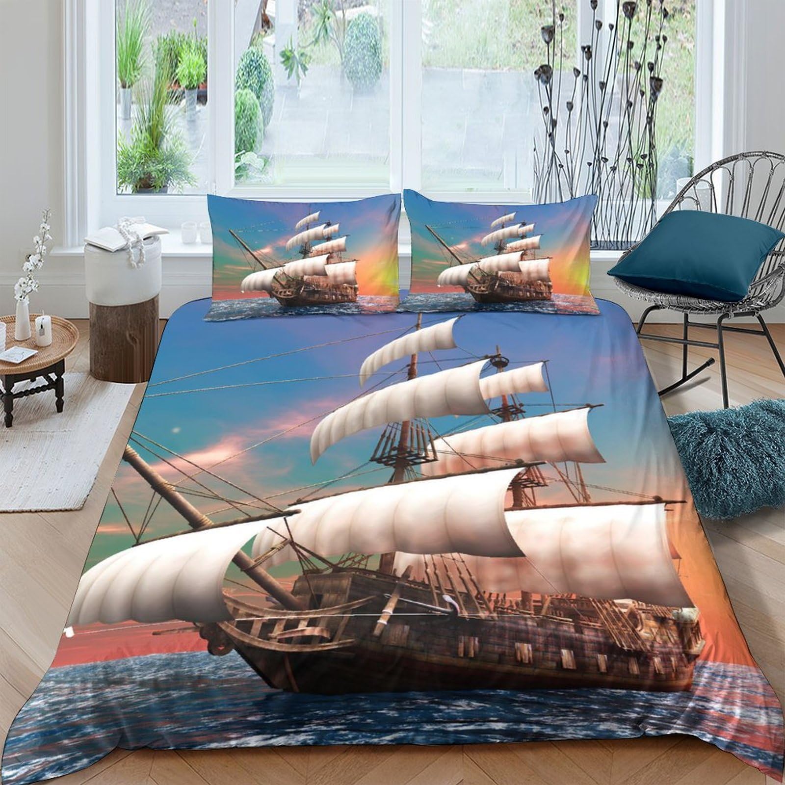Ctjqhvkz Style-1 3D Printed Sailboat Ocean Fitted Sheet Microfiber Soft Breathable Sunset Ship Mattress Cover For Bedroom Dorm Decor Single（135X200cm）