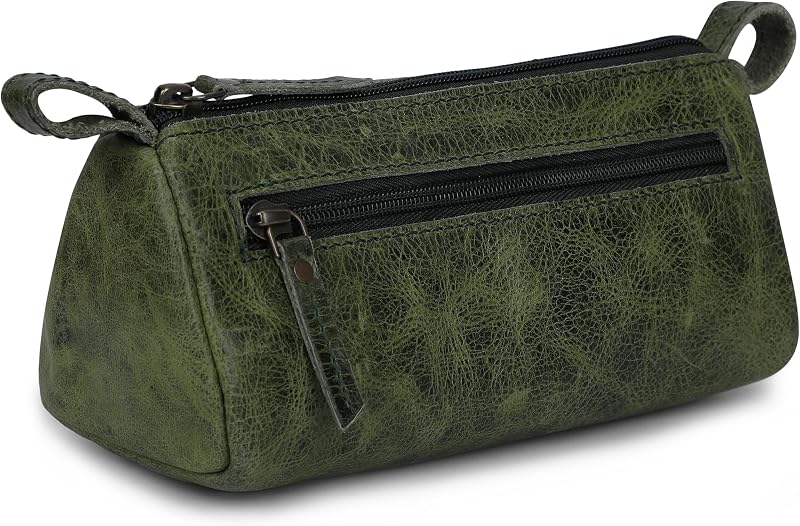 Necessaire de couro TheAntiq verde-floresta com zíper, 20,32 cm x 8,89 cm x 7,62 cm