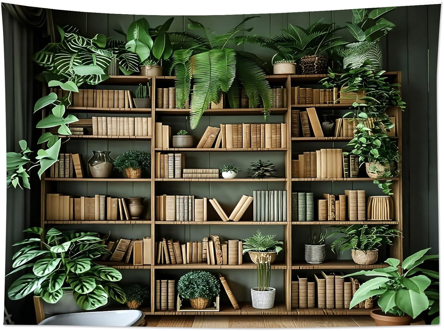 LB Vintage Library Classroom Tapestry Green Botanical and Book Tapestry Wall Hanging Succulent Potted Plant on Brown Wood Bookshelf Wall Decor for Bedroom Living Room Dorm 92.5Wx70.9L Inches
