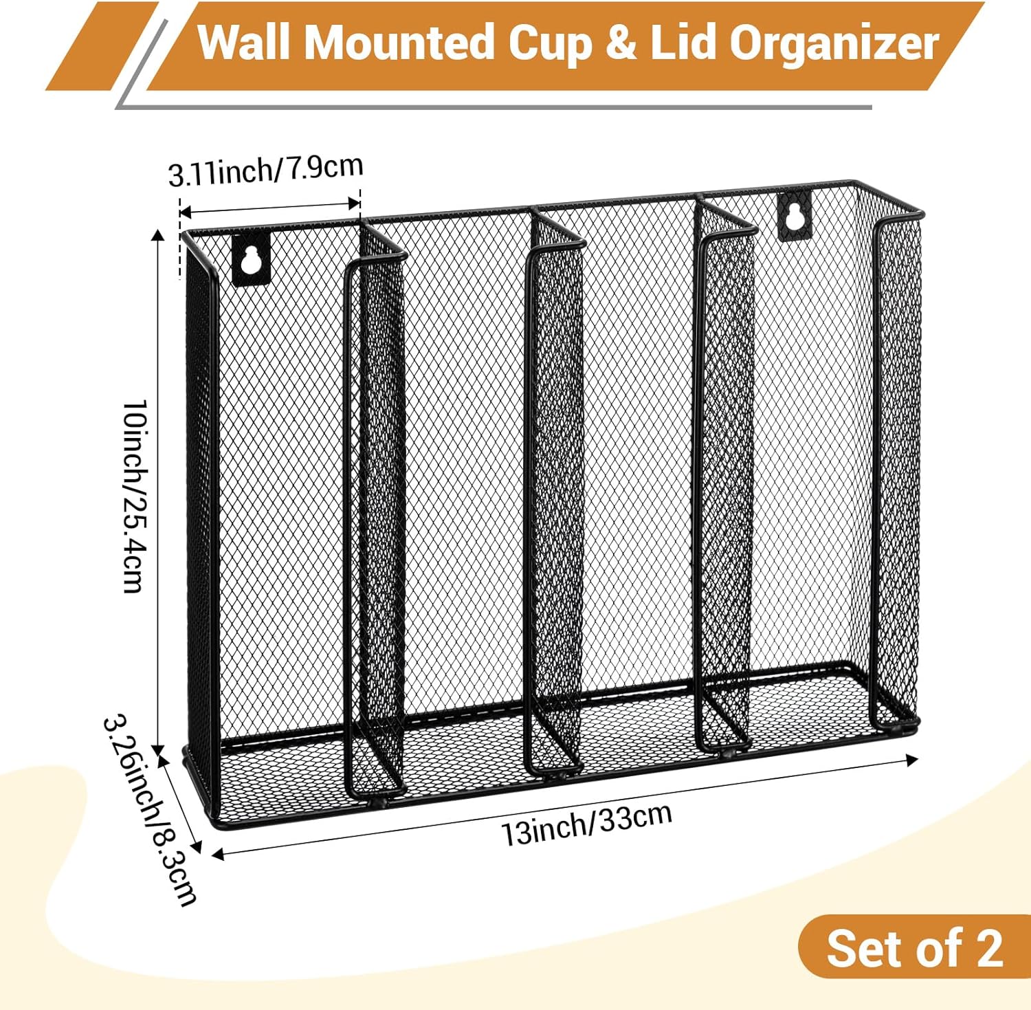 Thenshop 2 Pack Wall Mount Sauce Cup and Lid Holder - 4 Compartment Black Iron Dispenser Fits 2 to 5.5 oz Cups, Space Saving Organizer for Coffee Bar, Restaurant & Kitchen Counter, 13 x 10 x 3.26