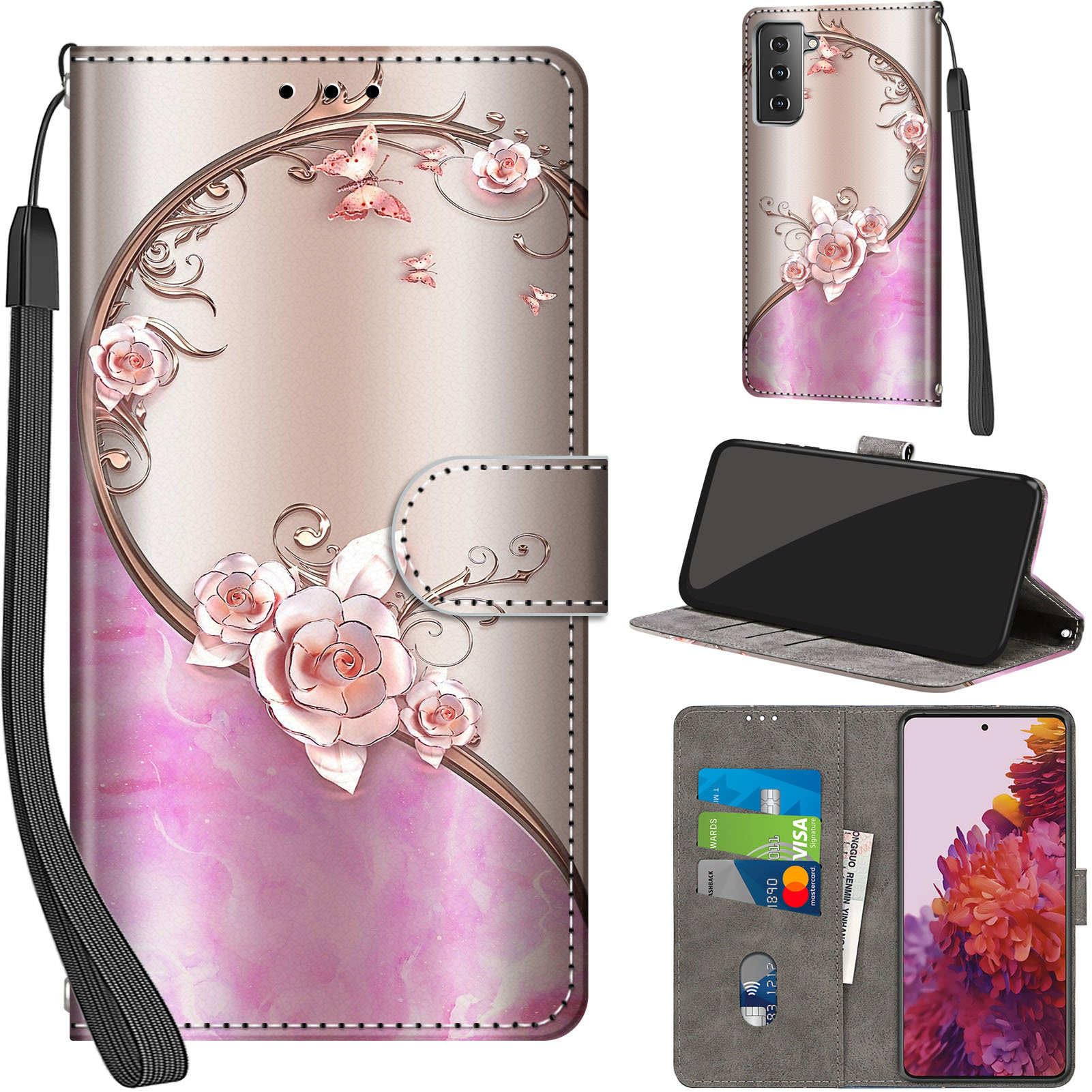 Case Wallet for Samsung Galaxy S21 (not fit s21 Ultra / s21 Plus), with [3 Card Slots], Kickstand Magnetic Closure PU Leather Shockproof Protective Flip Cover 6.2", Pink Rose