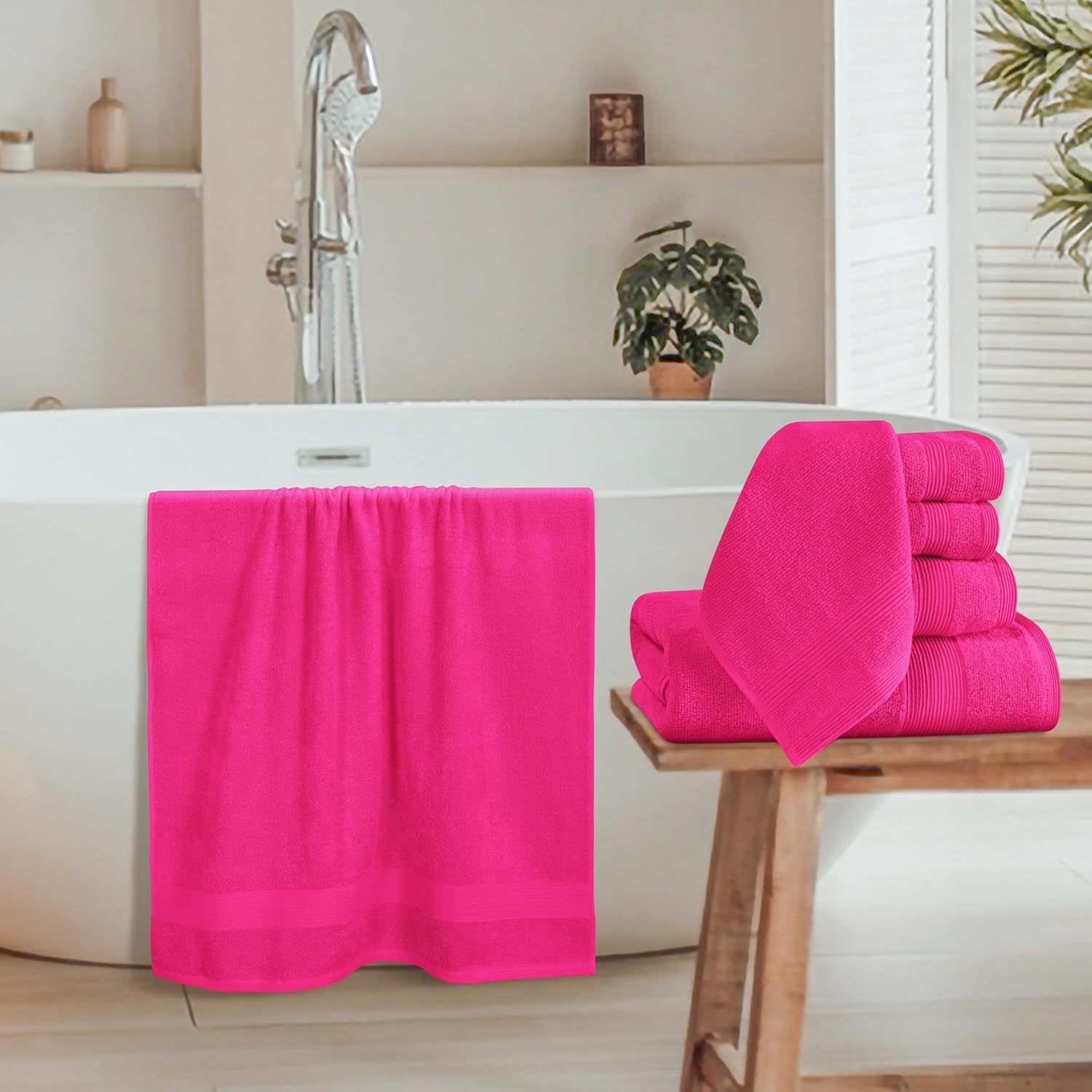 Belizzi Home 8 Piece Towel Set 100% Ring Spun Cotton, 2 Bath Towels 27x54, 2 Hand Towels 16x28 and 4 Washcloths 13x13 - Ultra Soft Highly Absorbent Machine Washable Hotel Spa Quality - Hot Pink - Image 3
