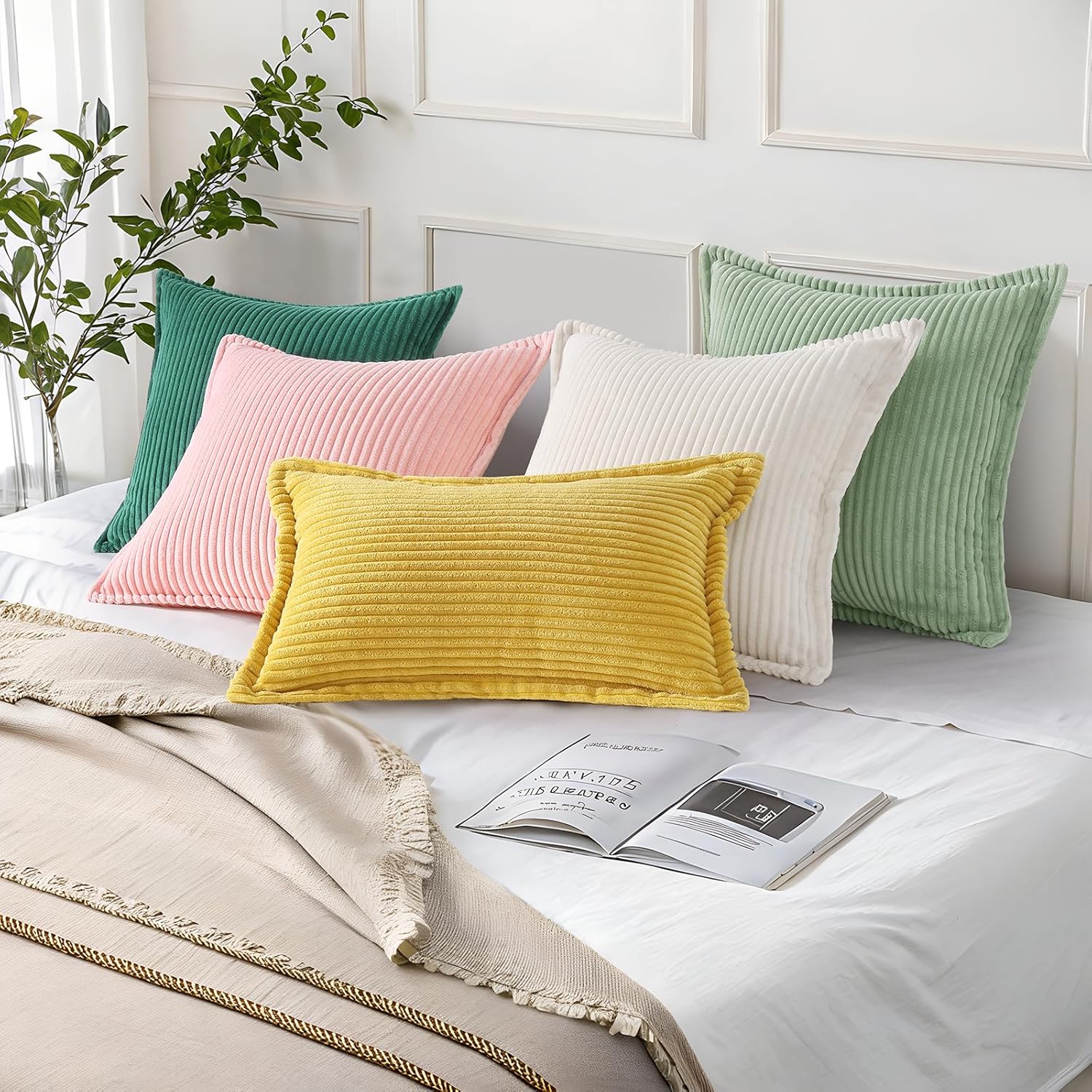 Mecatny Corduroy Summer Throw Pillow Covers 22x22 Set of 2, Neutral Decorative Soft Boho Couch Pillow Covers with Broadside for Sofa Living Room, Pink