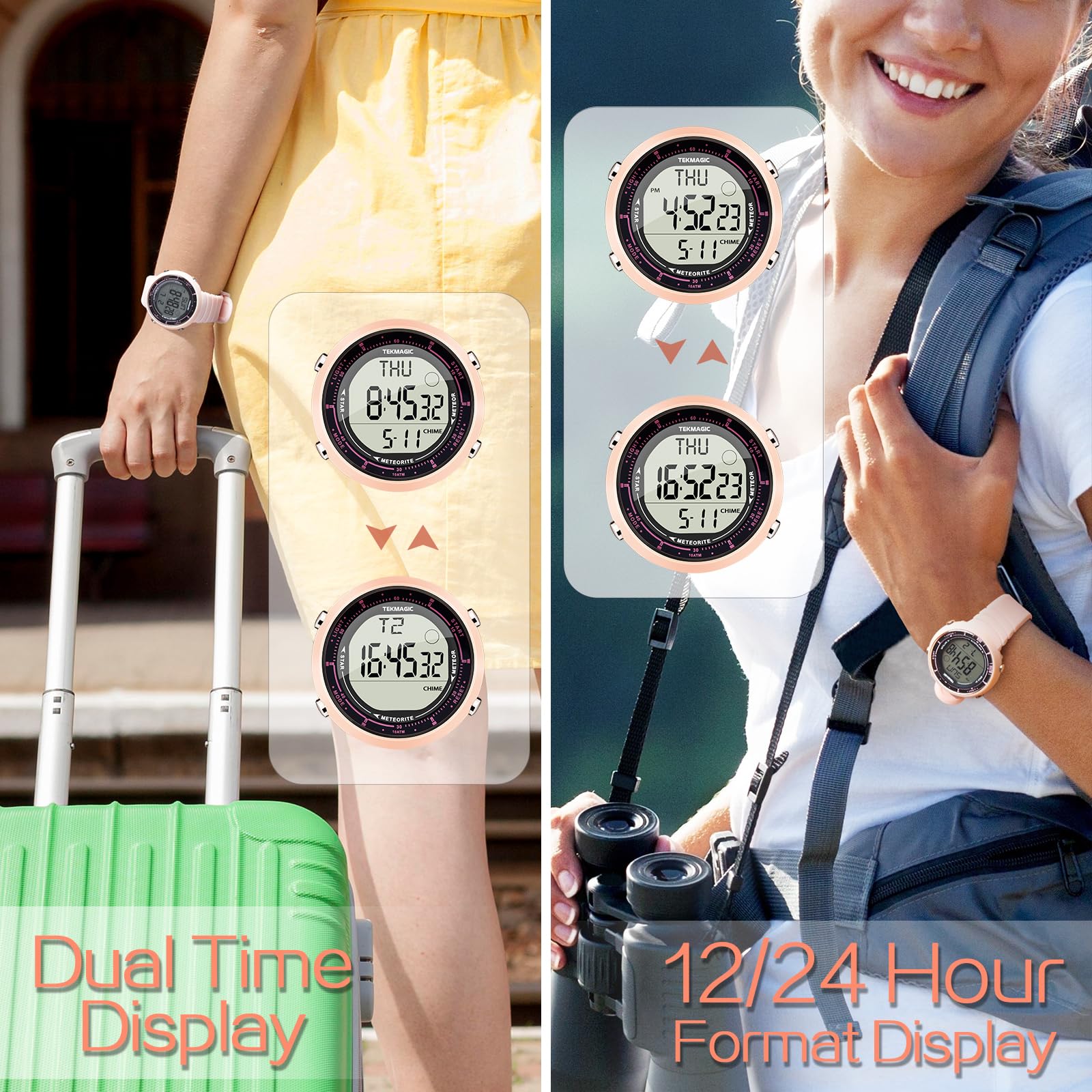 Femmes Filles Sports Natation Plongée Montre Bracelet 10 ATM Etanche, avec Fonctions de Réveil, Chronomètre, Compte à Rebours, Double Fuseau Horaire, Format 12 et 24 Heures Commutable, Bande Silicone