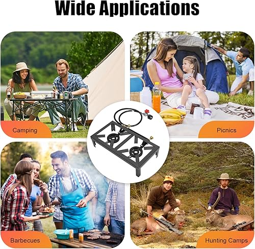 Miniatura 6 de Estufa de gas portátil de doble quemador para exteriores, cocina de propano, 2 quemadores cada uno máximo de 8000 W 0-10 PSI, regulador ajustable de